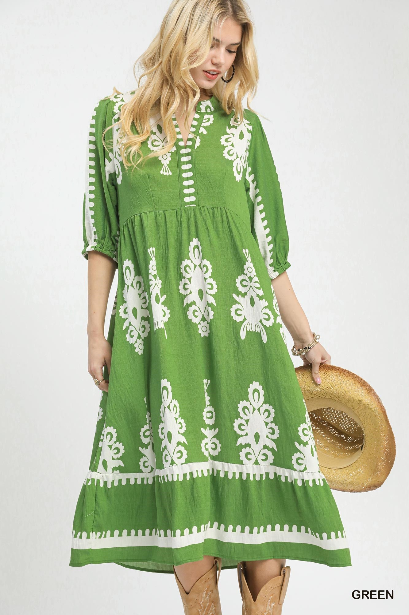Umgee Abstract Print Midi Dress in Green