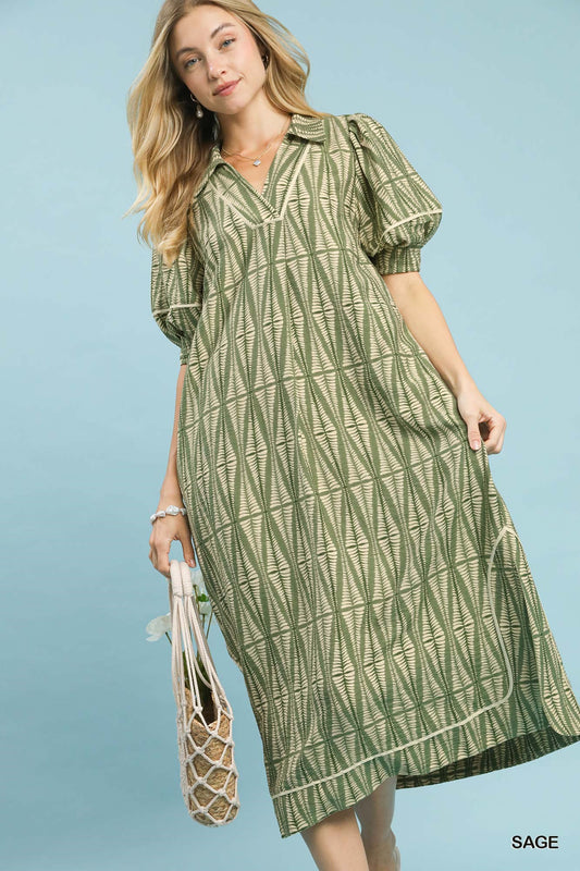 Umgee Geometric Midi Dress in Sage