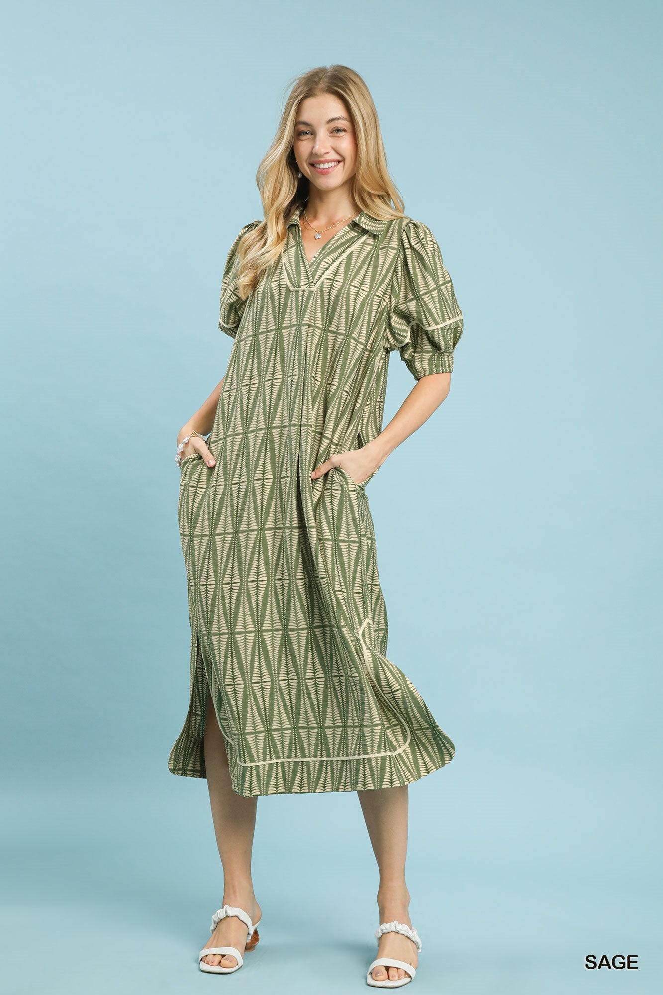 Umgee Geometric Midi Dress in Sage