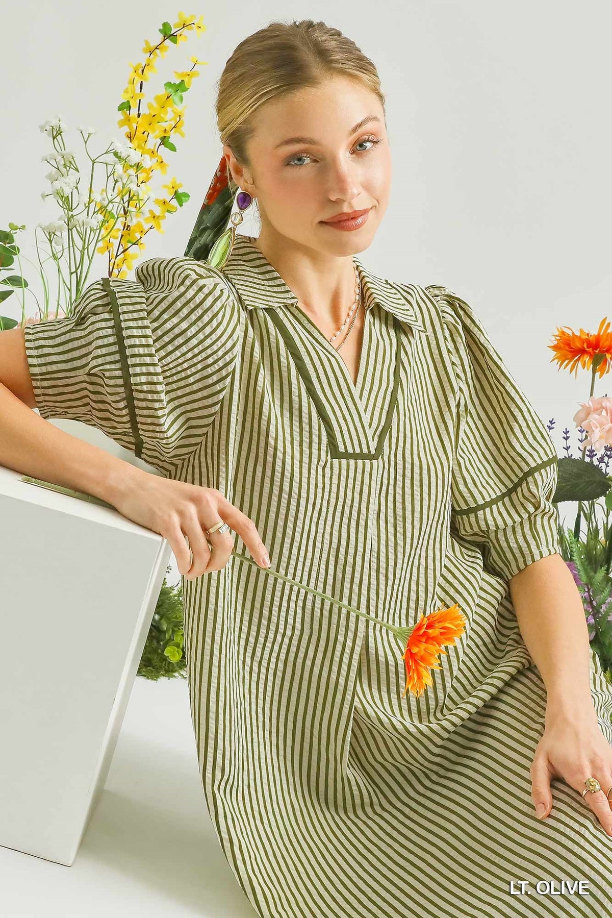 Umgee Striped Midi Dress with Puff Sleeves