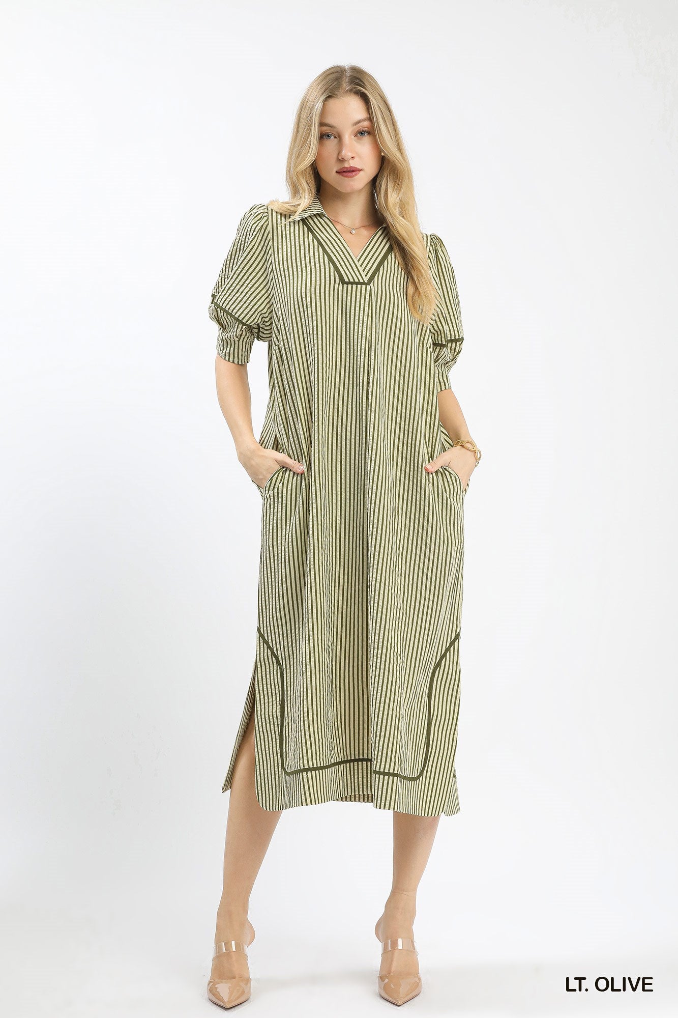 Umgee Striped Midi Dress with Puff Sleeves