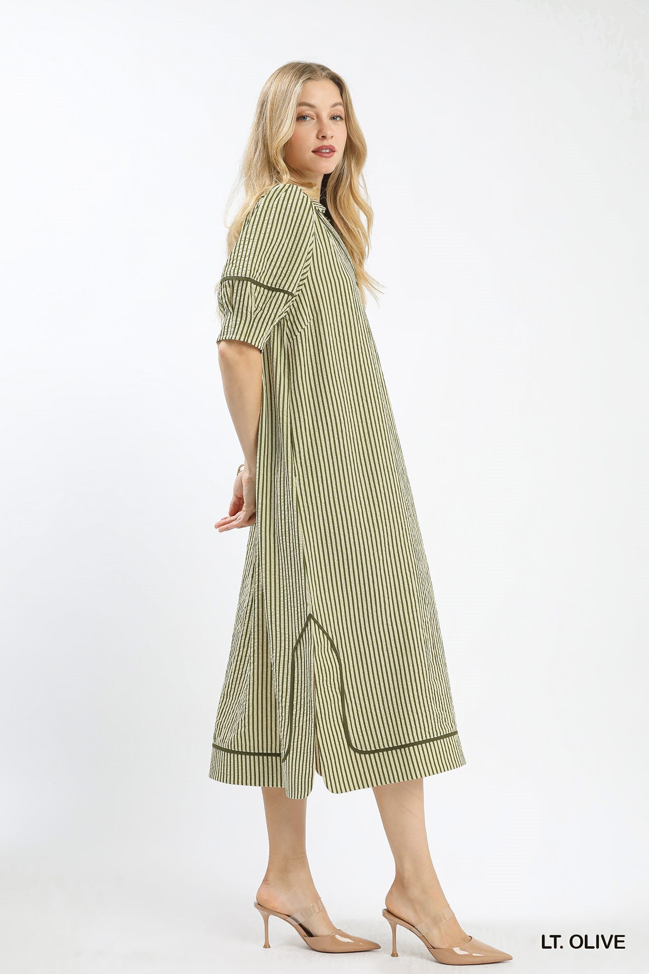 Umgee Striped Midi Dress with Puff Sleeves