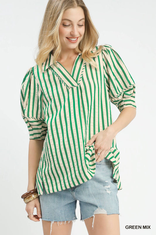 Umgee Striped Puff Sleeve Blouse in Green