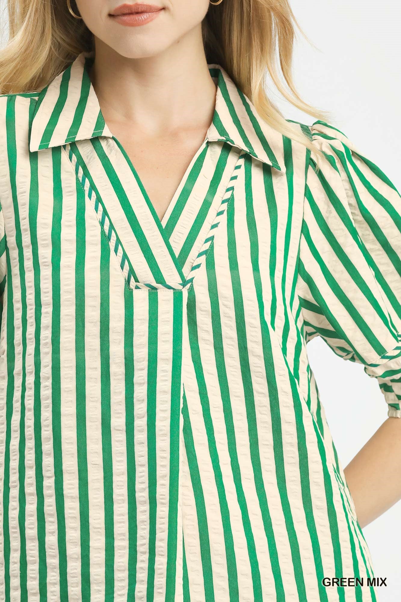 Umgee Striped Puff Sleeve Blouse in Green