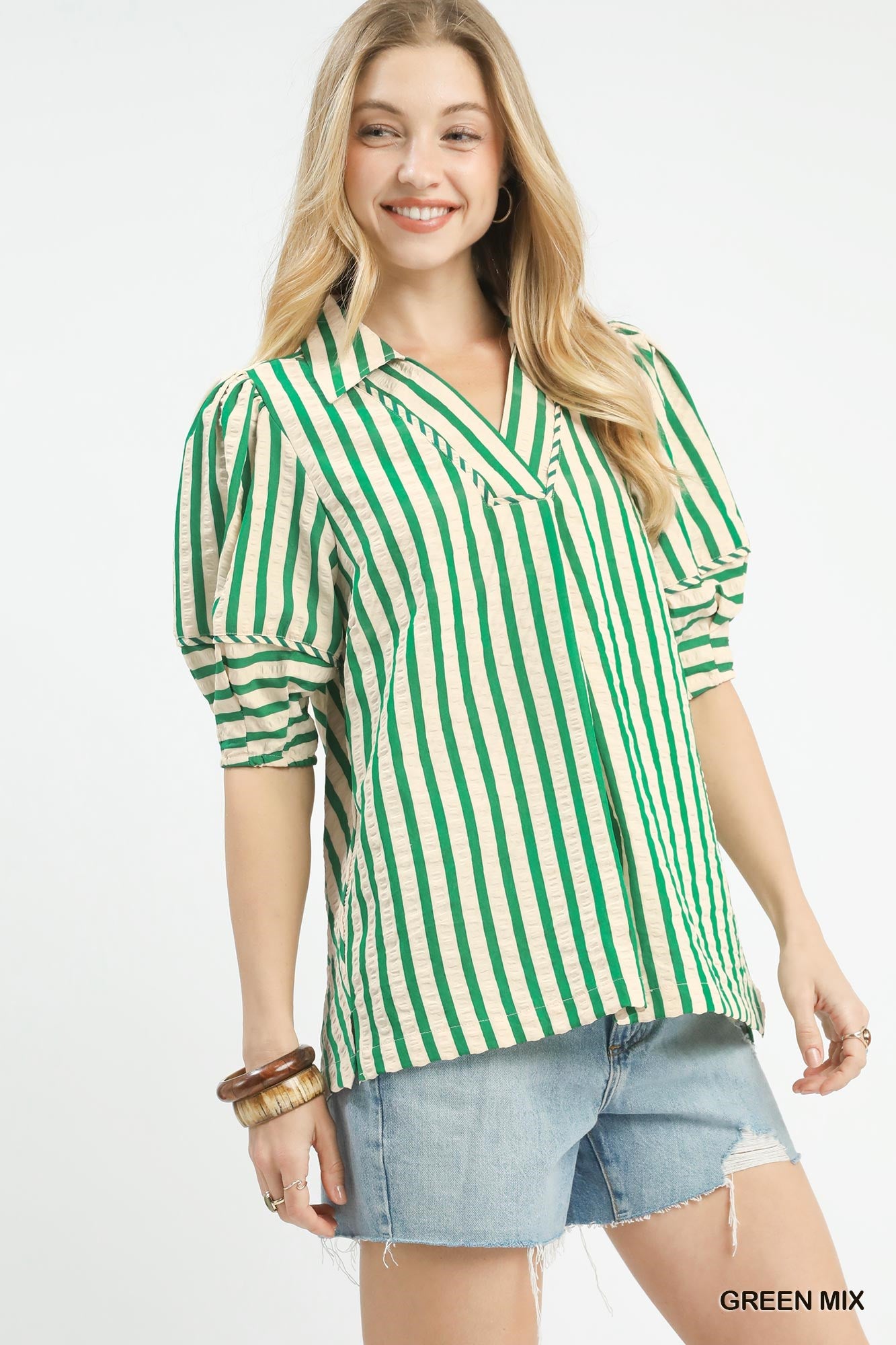 Umgee Striped Puff Sleeve Blouse in Green