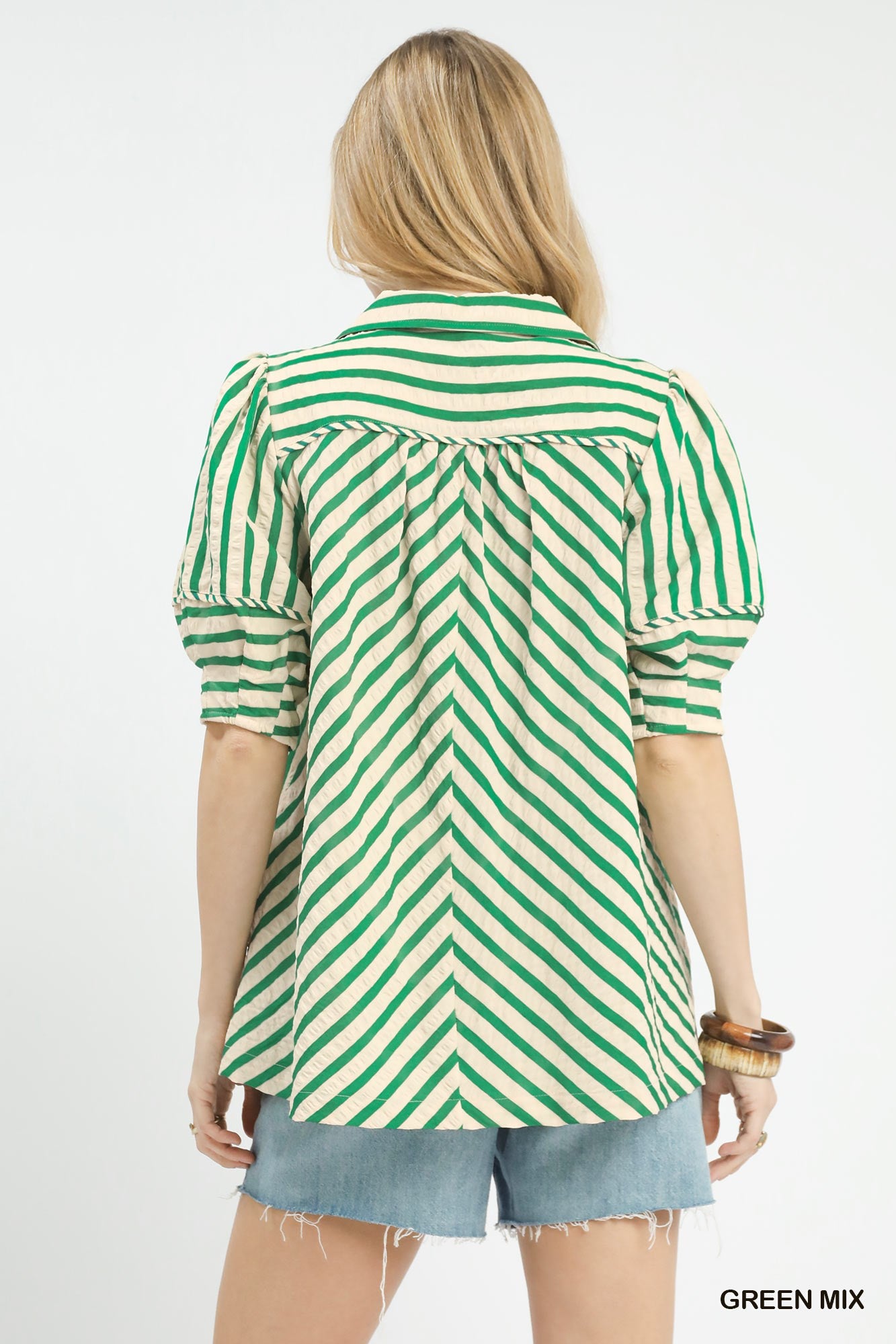 Umgee Striped Puff Sleeve Blouse in Green