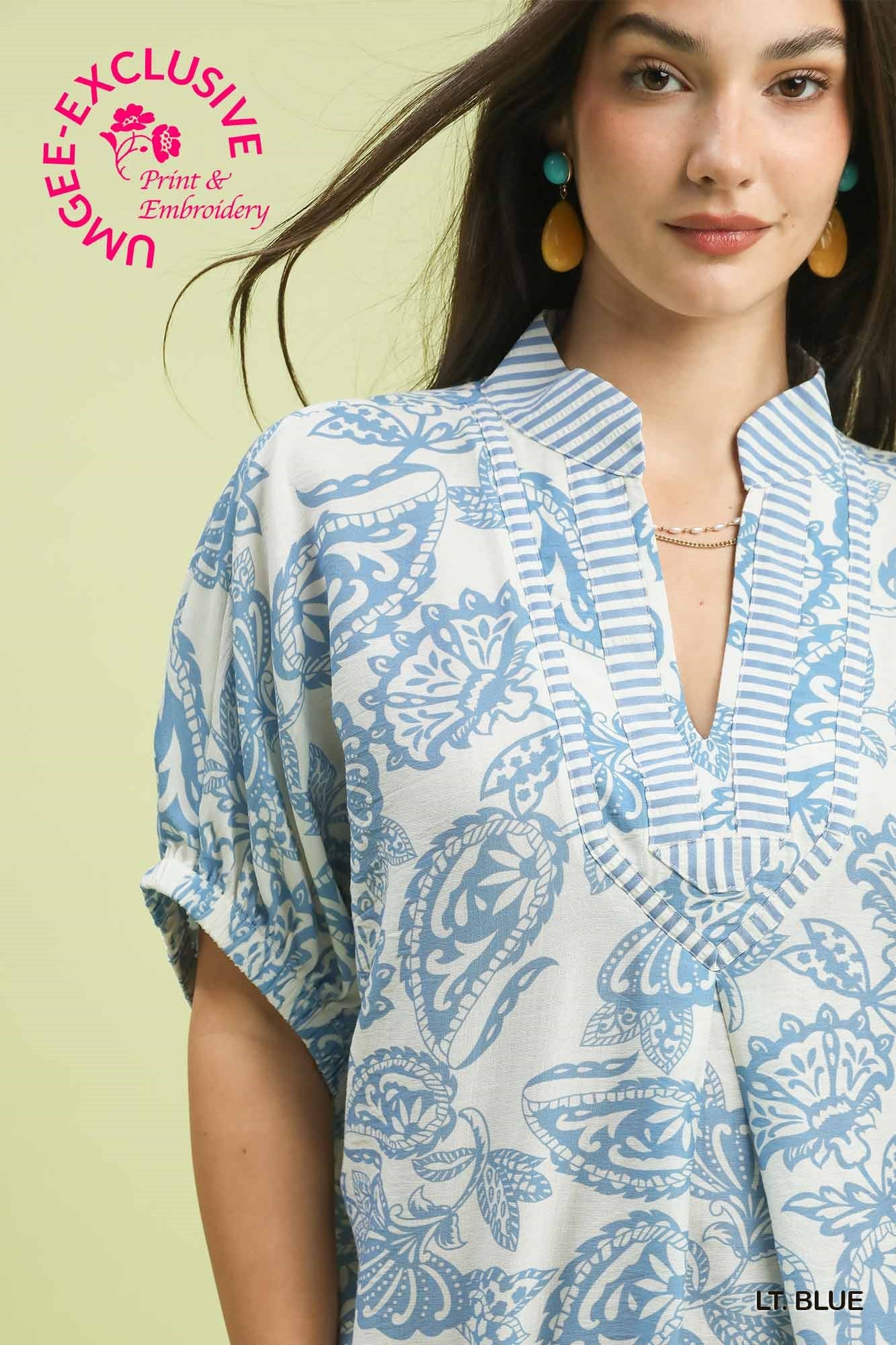 Umgee Botanical Print Top in Light Blue