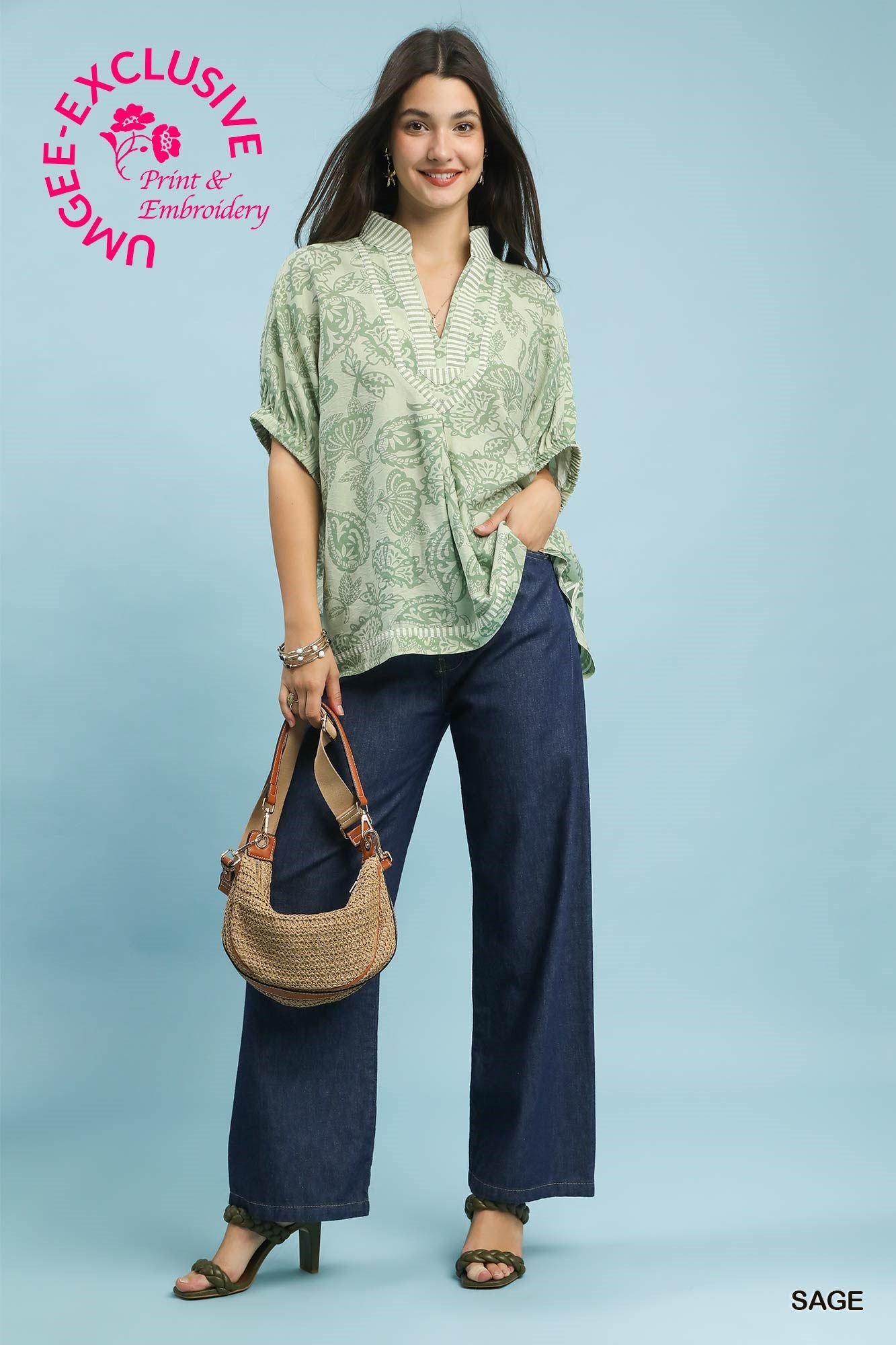 Umgee Botanical Print Top in Sage