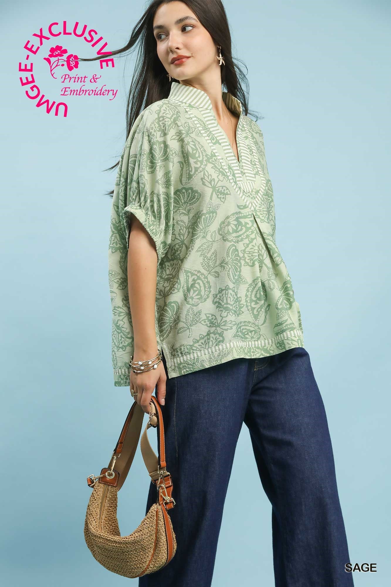Umgee Botanical Print Top in Sage