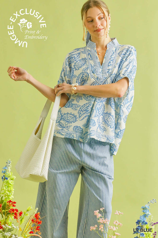 Umgee Botanical Print Top in Light Blue