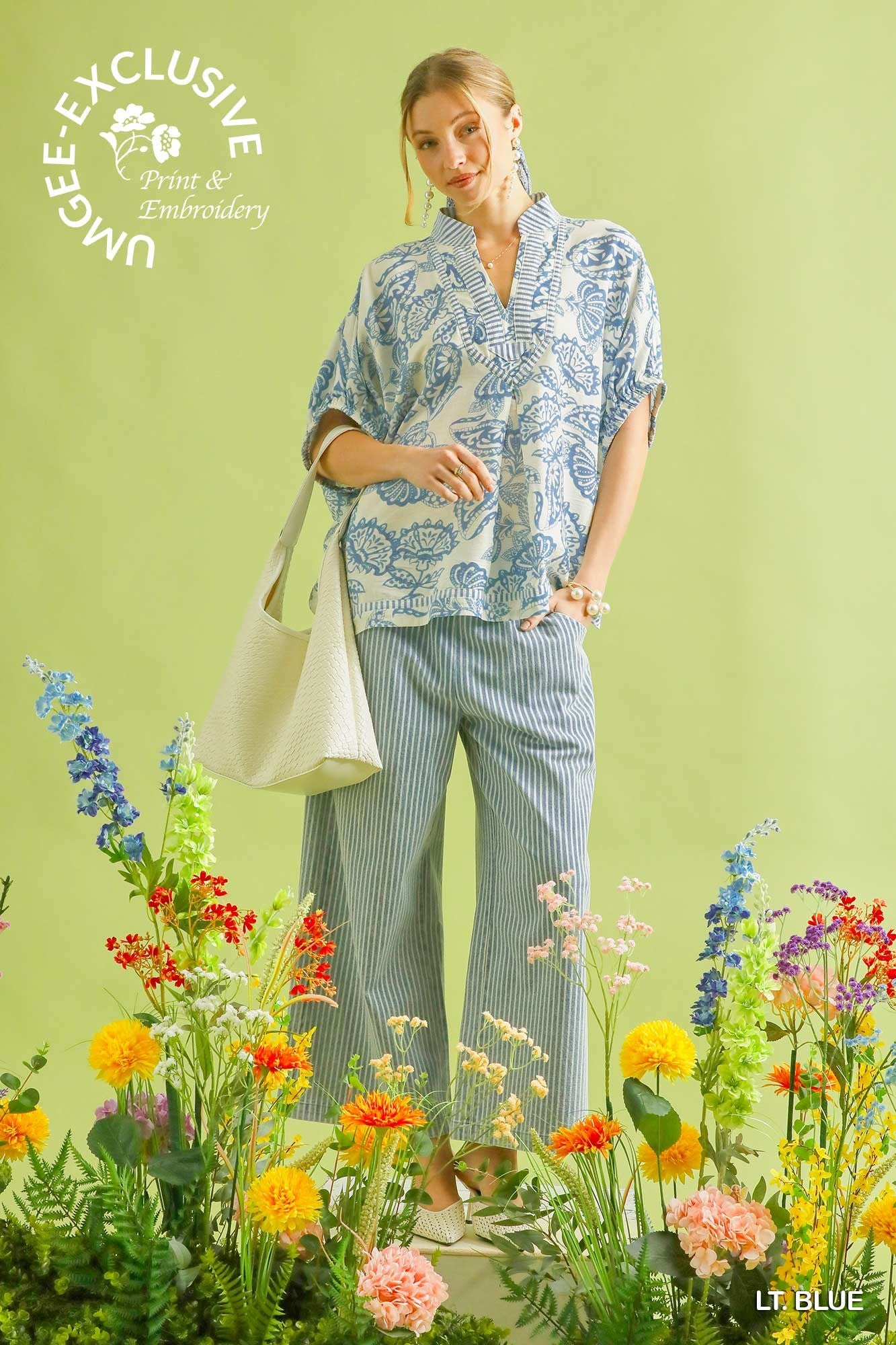 Umgee Botanical Print Top in Light Blue
