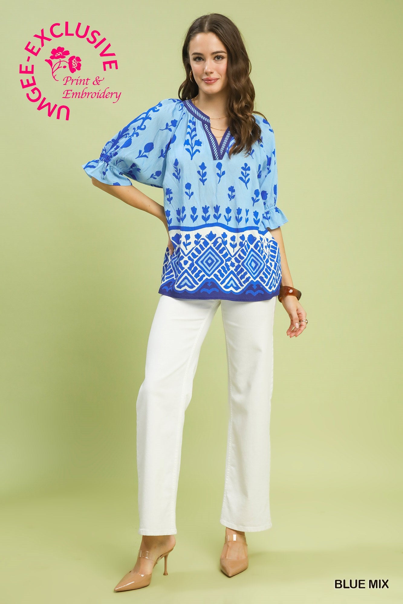 Umgee Border Print Top in Blue Mix
