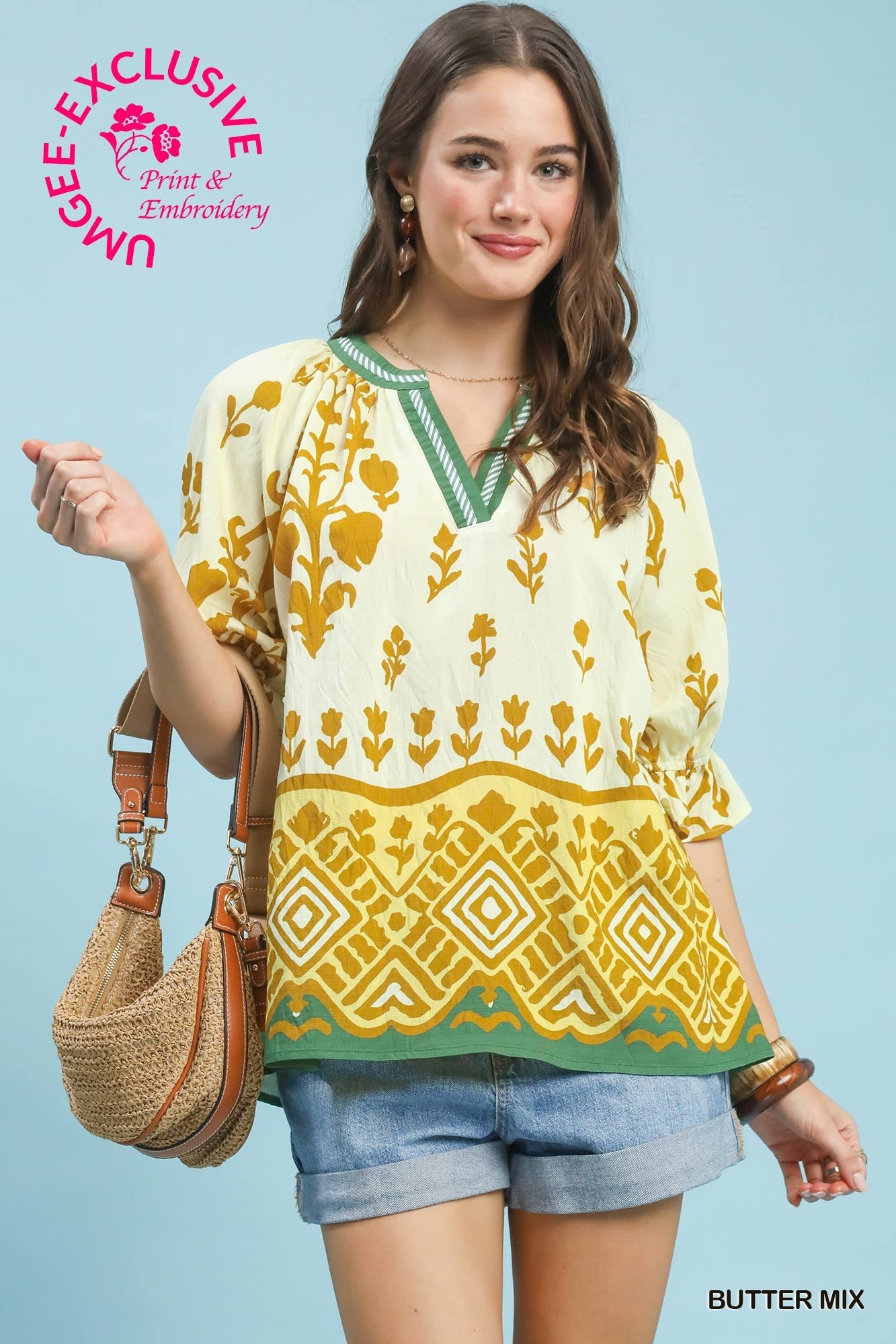 Umgee Border Print Top in Butter Mix