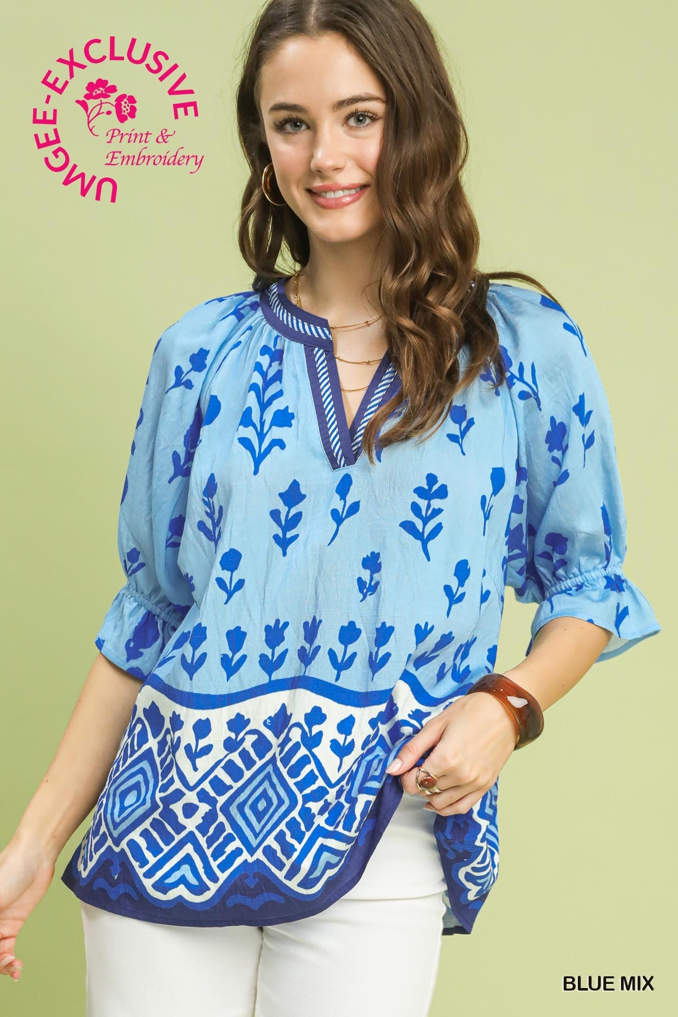 Umgee Border Print Top in Blue Mix