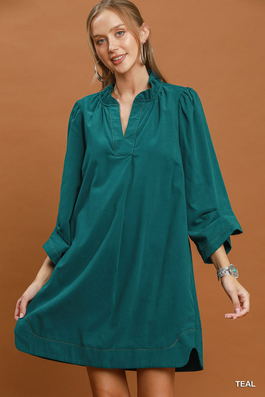 Corduroy Split Neck Puff Sleeve Shift Dress in Teal