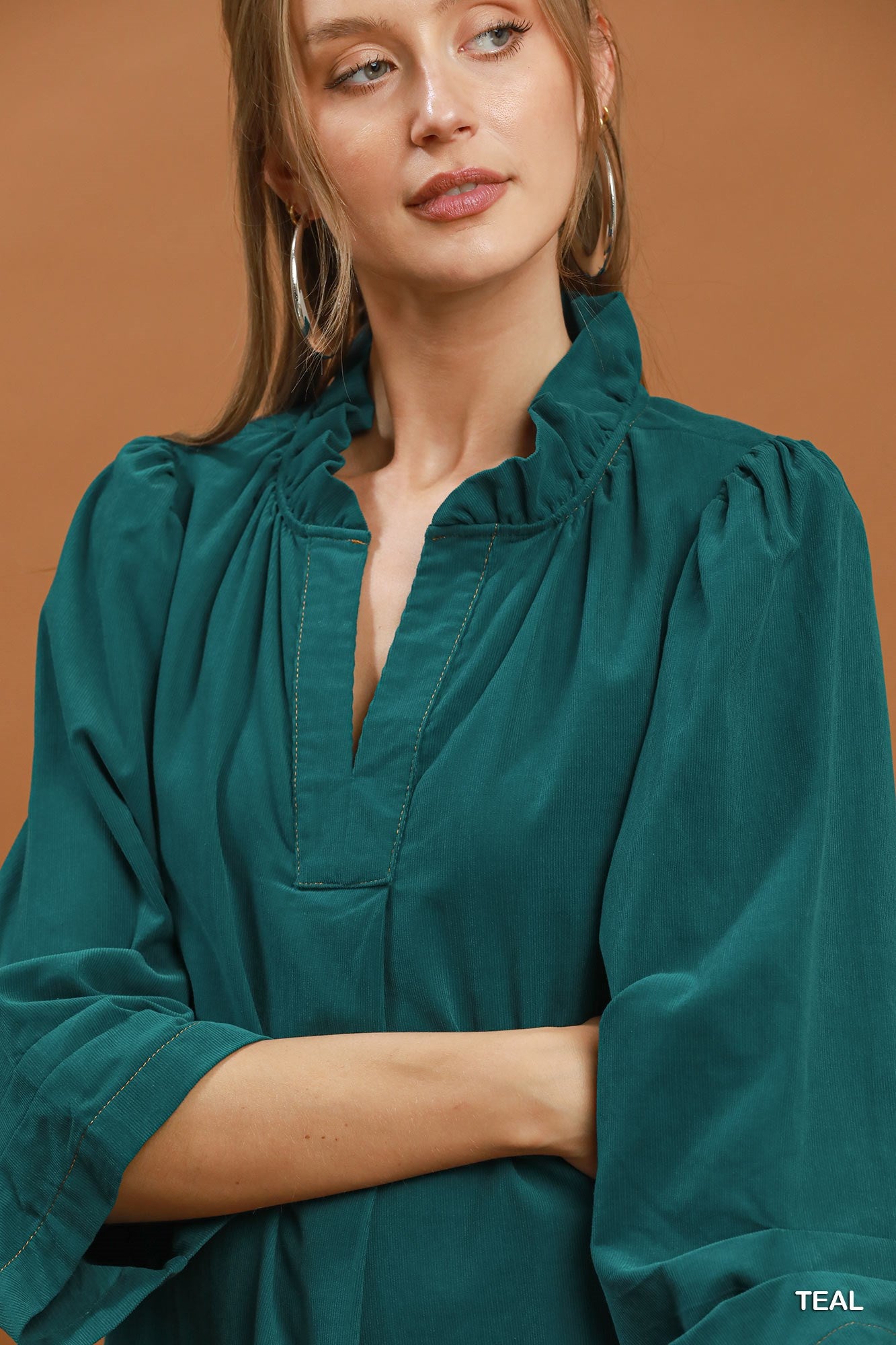 Corduroy Split Neck Puff Sleeve Shift Dress in Teal