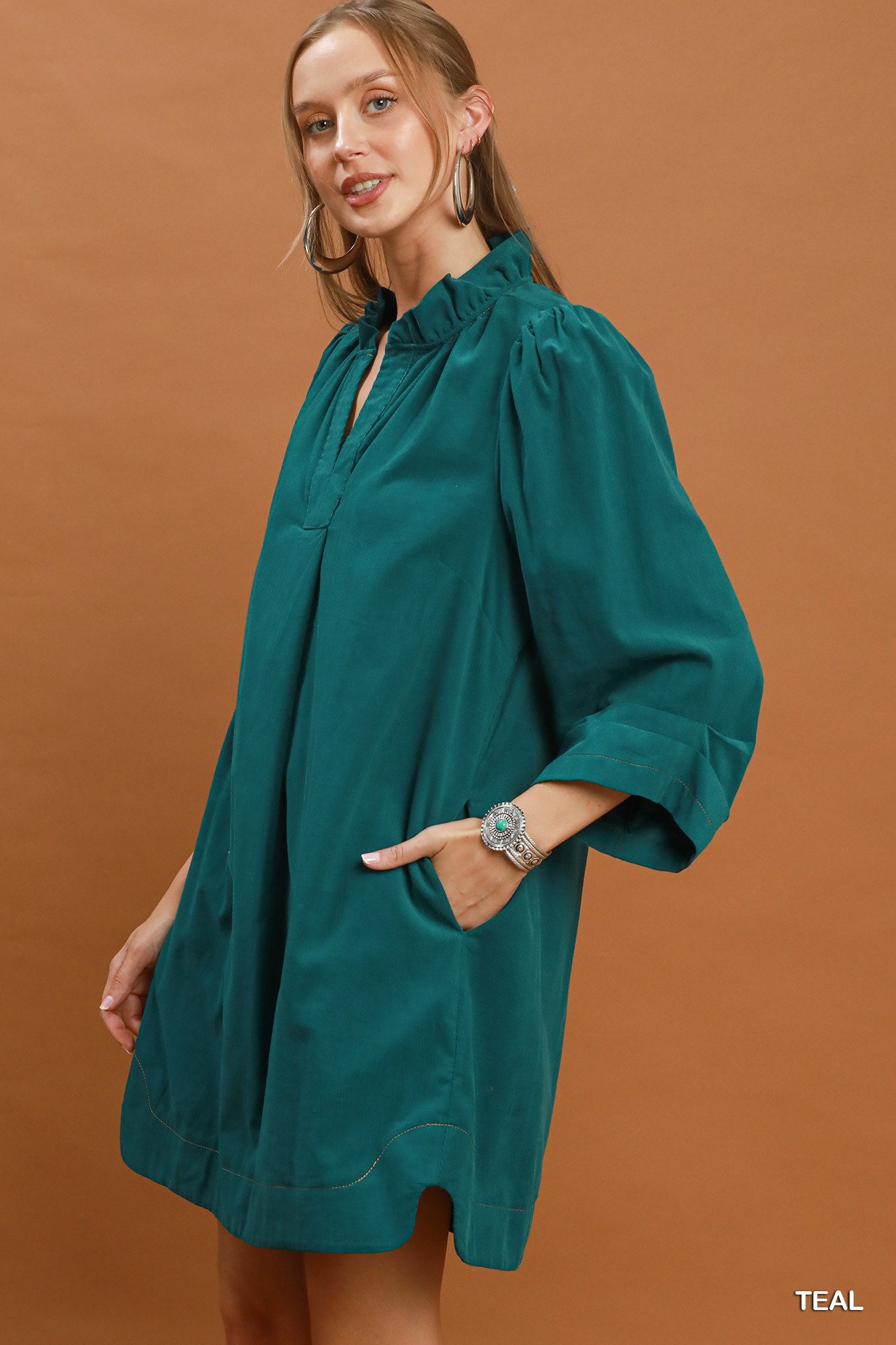 Corduroy Split Neck Puff Sleeve Shift Dress in Teal
