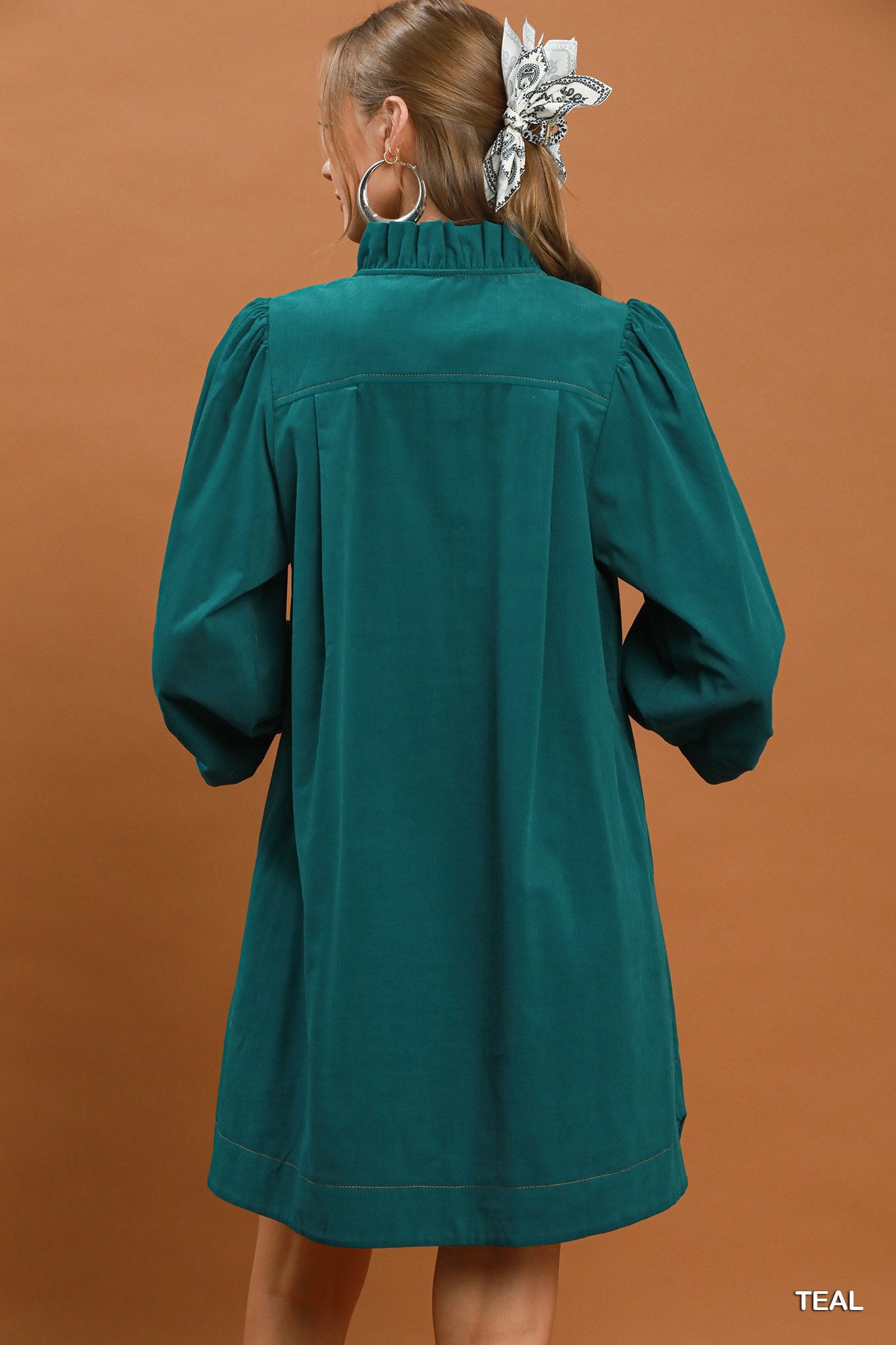 Corduroy Split Neck Puff Sleeve Shift Dress in Teal