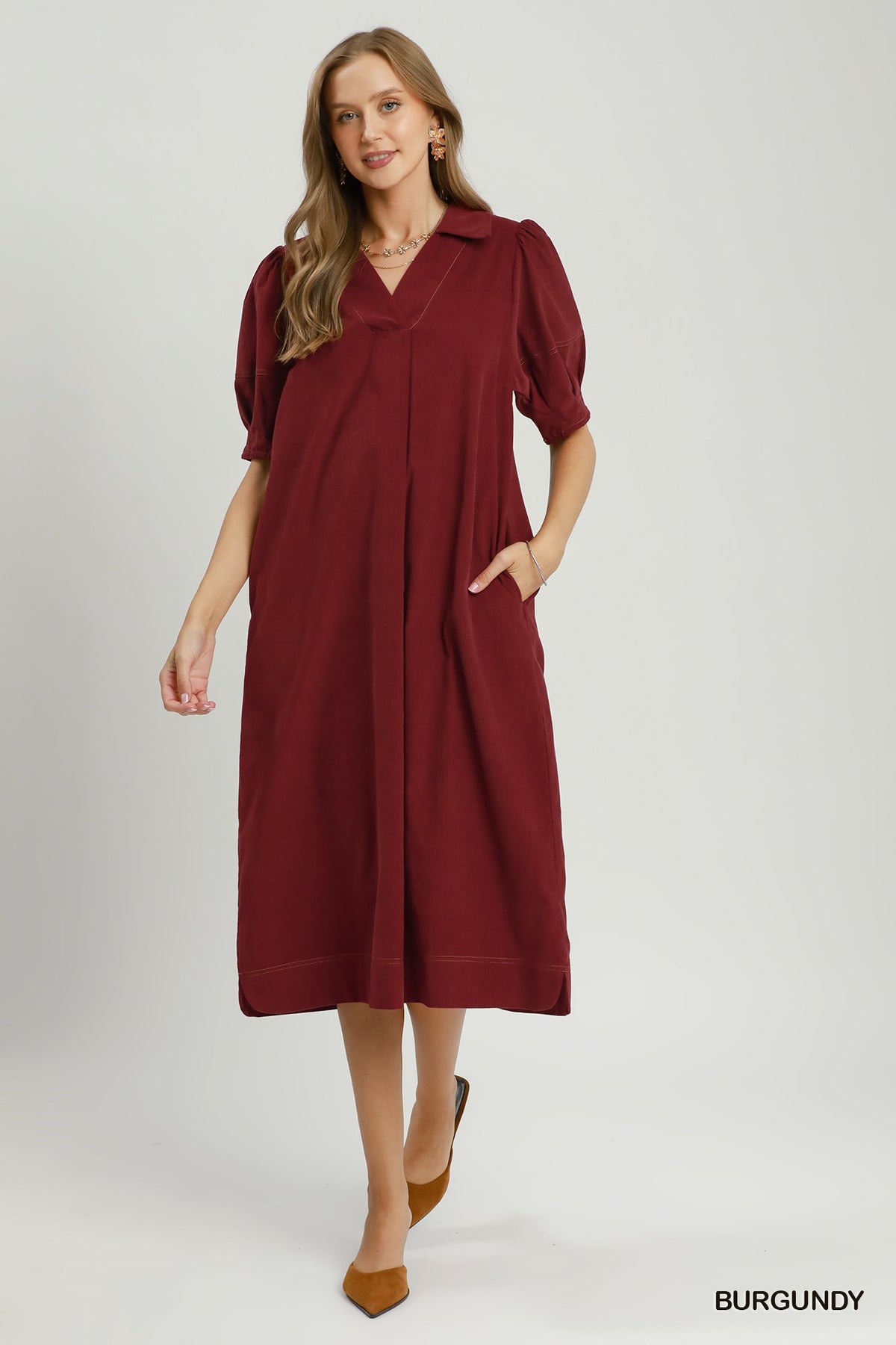 Umgee Burgundy Corduroy Midi Dress