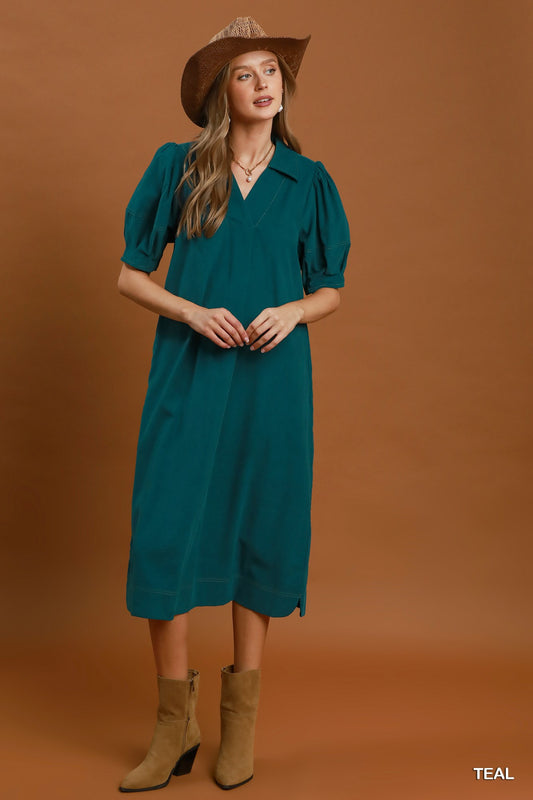 Umgee Teal Corduroy Midi Dress