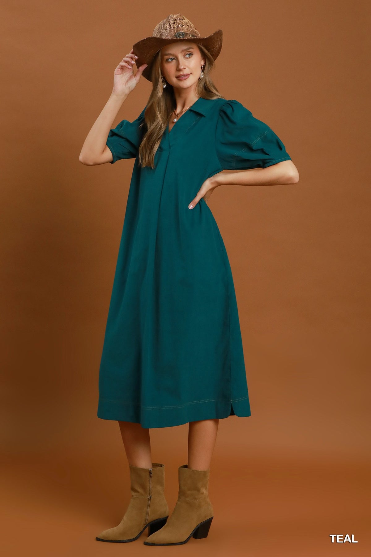 Umgee Teal Corduroy Midi Dress