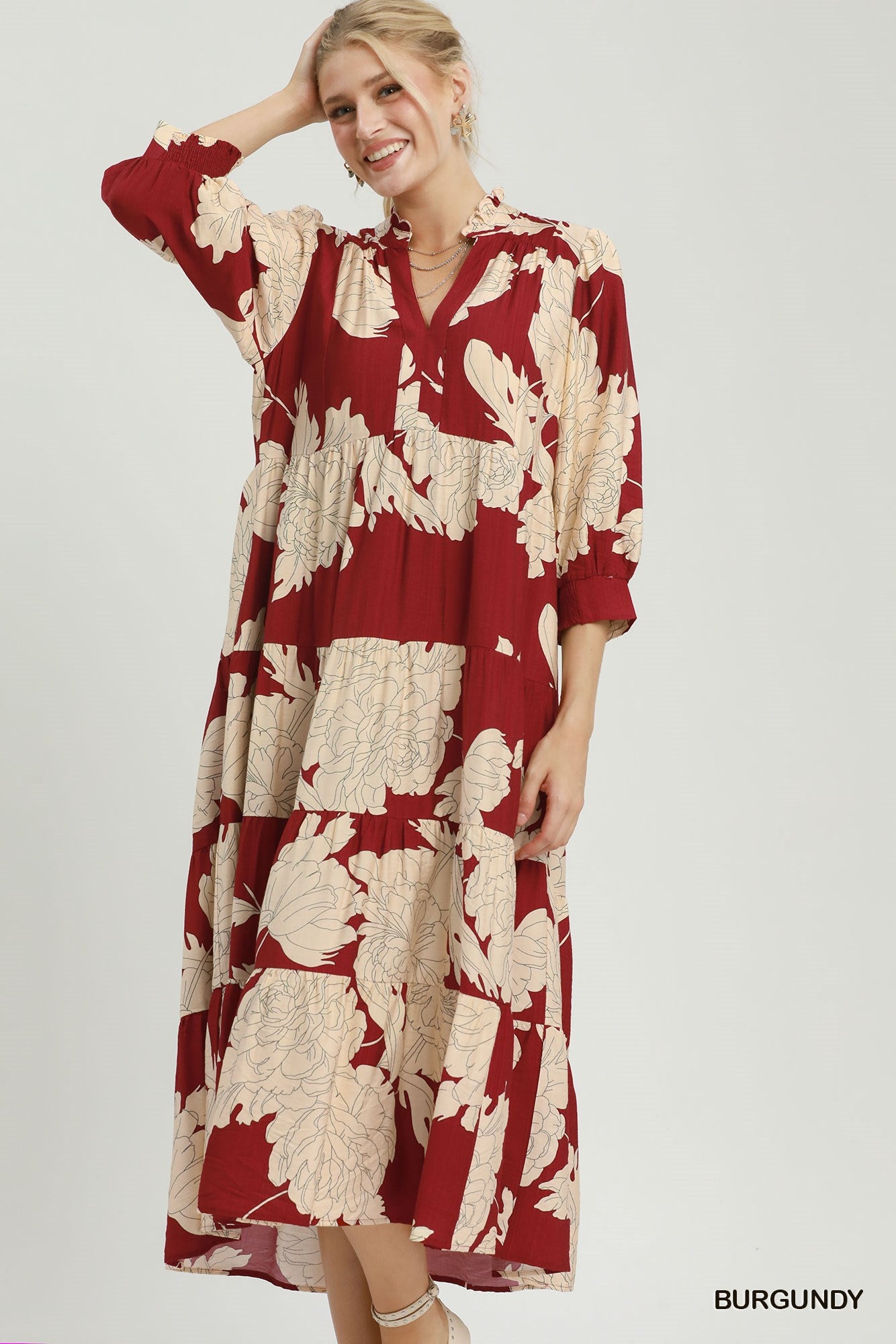 Umgee Floral Fall Burgundy Tiered Maxi Dress