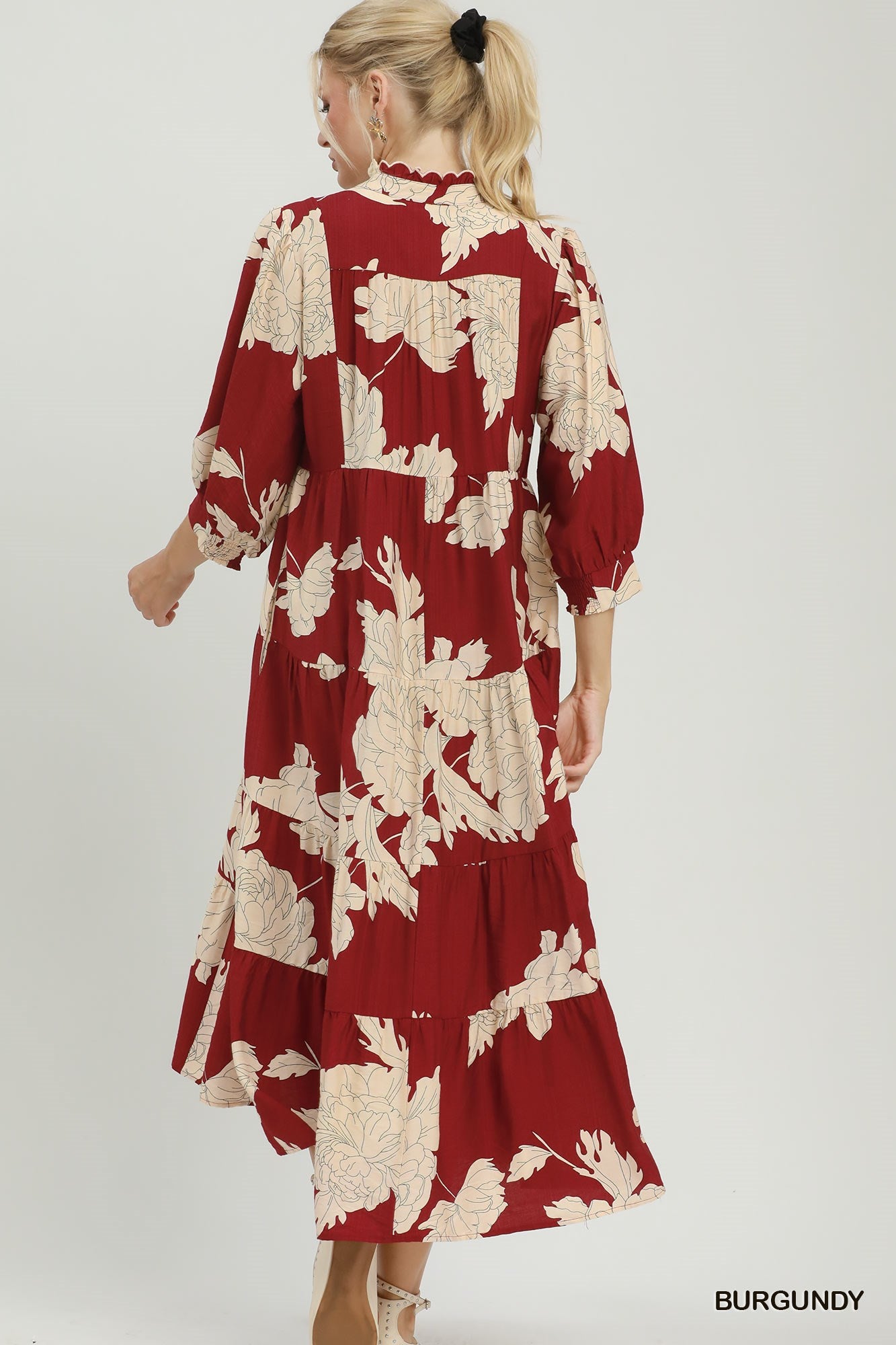 Umgee Floral Fall Burgundy Tiered Maxi Dress