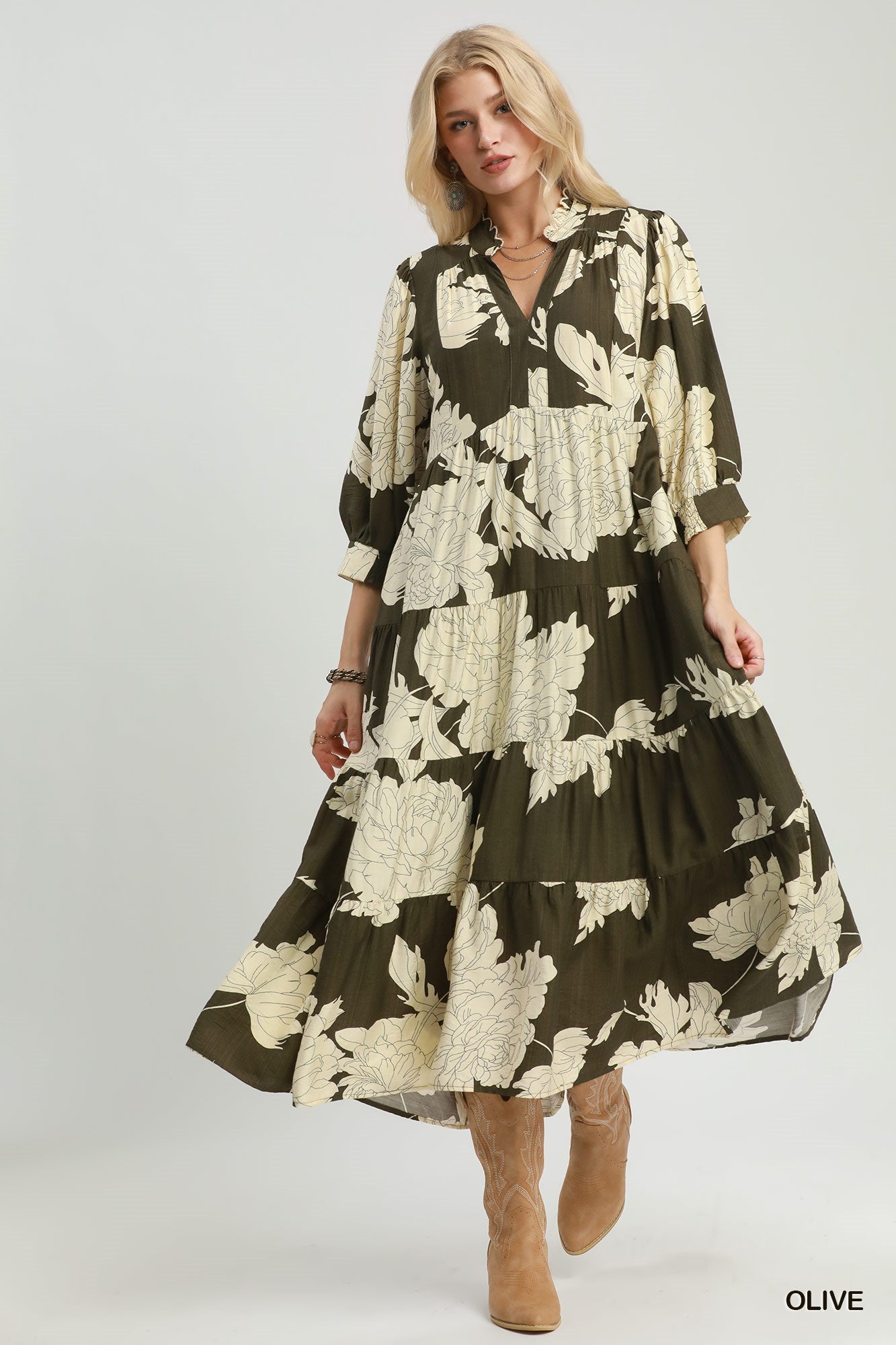 Umgee Floral Fall Olive Tiered Maxi Dress