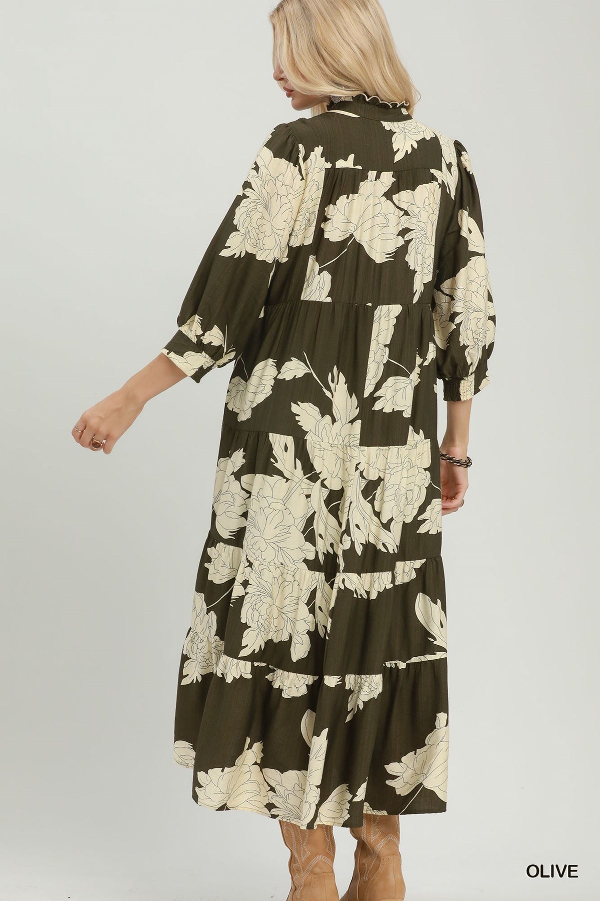Umgee Floral Fall Olive Tiered Maxi Dress