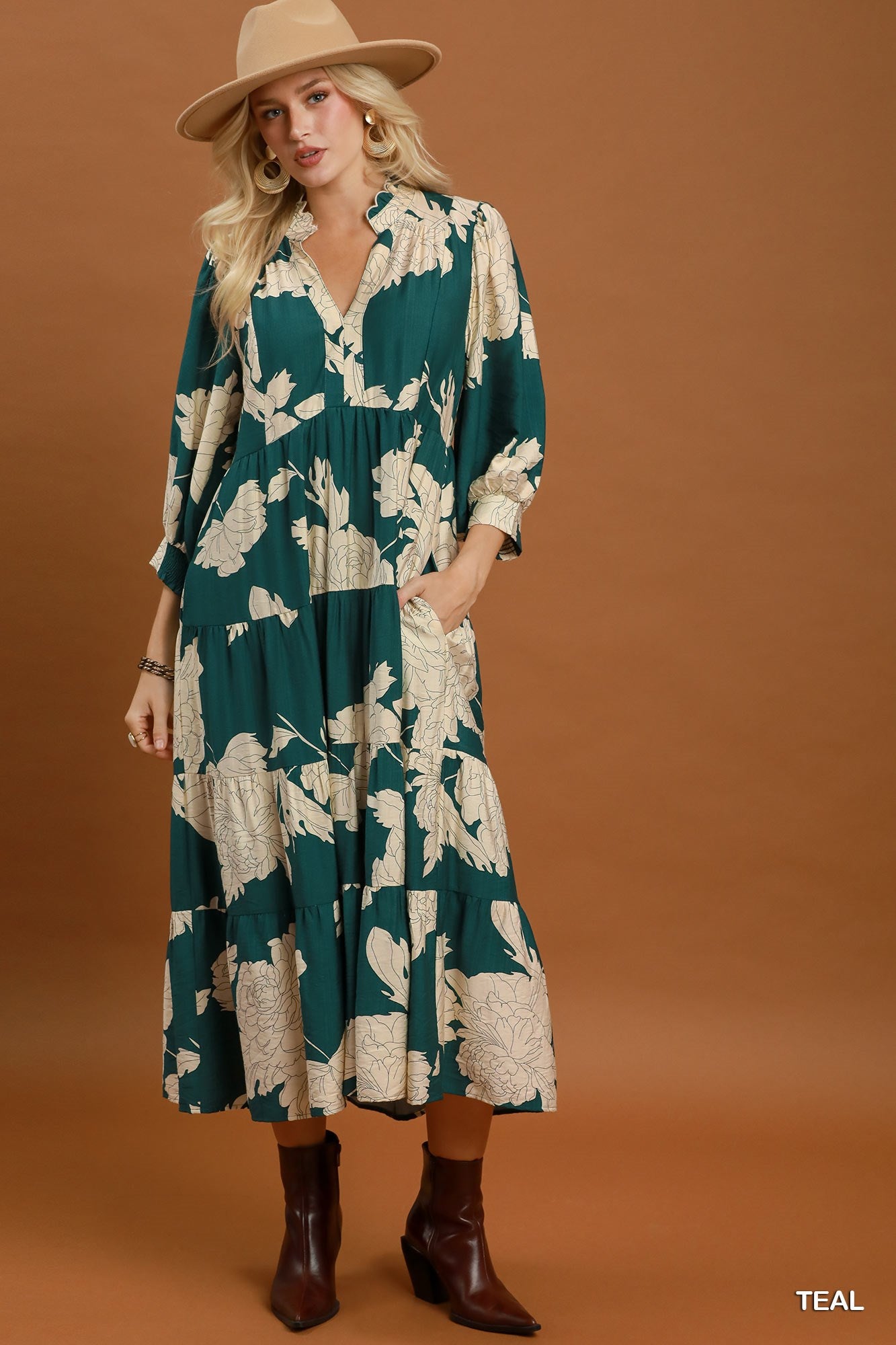 Umgee Floral Fall Teal Tiered Maxi Dress