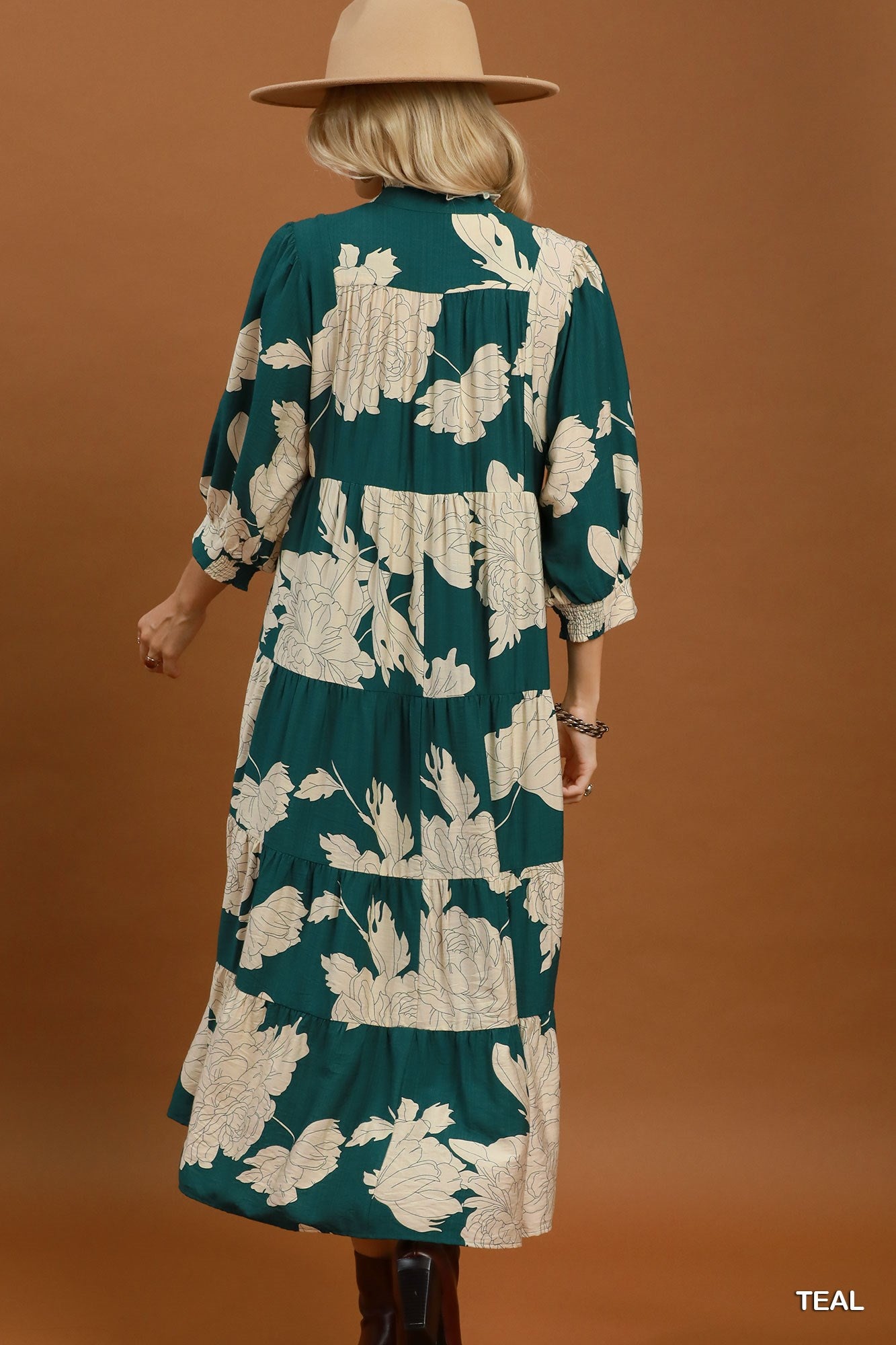 Umgee Floral Fall Teal Tiered Maxi Dress