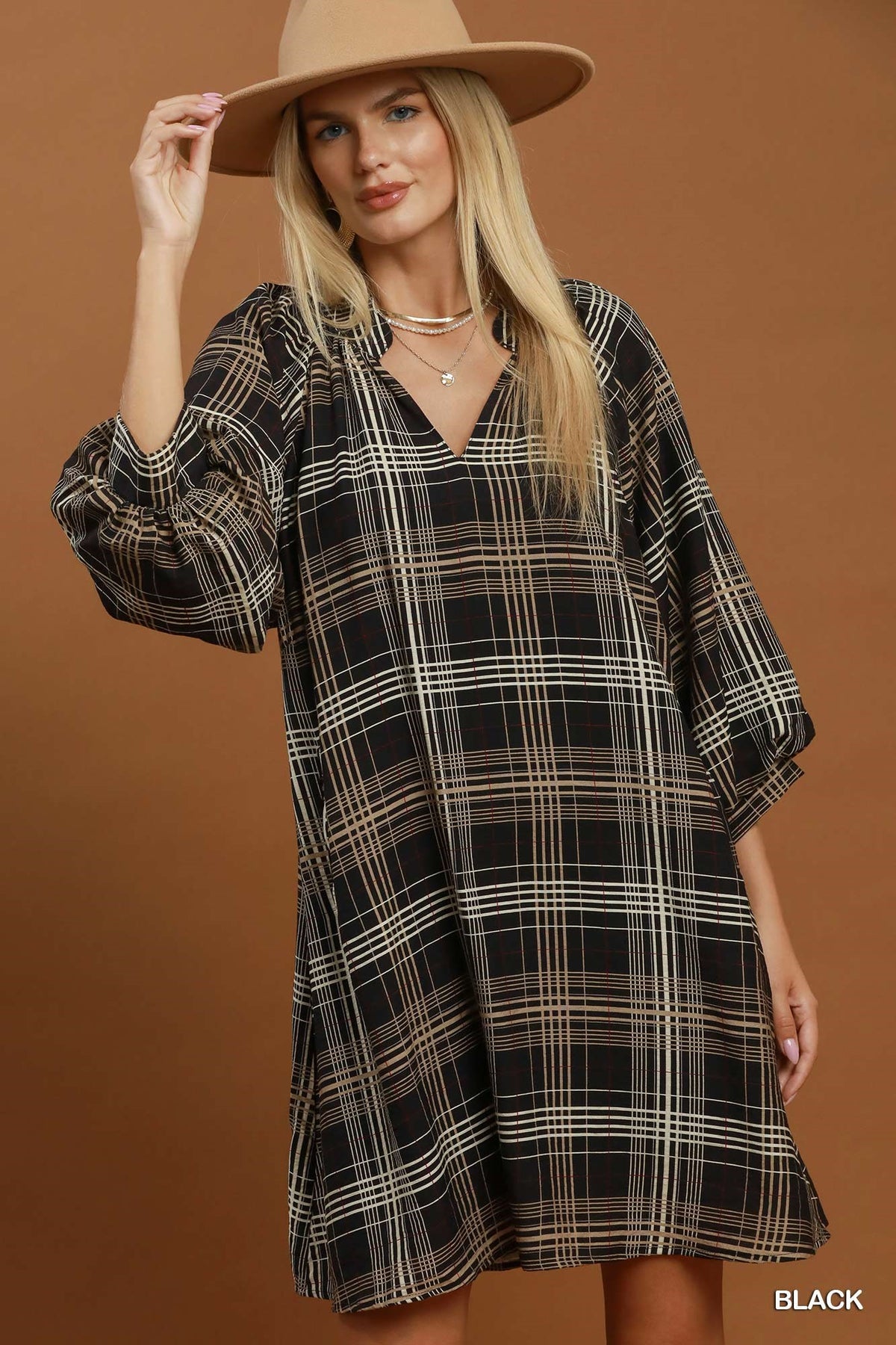 Umgee Plaid V-Neck Balloon Sleeve Shift Dress