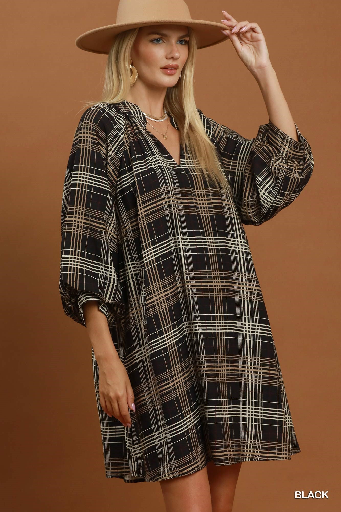 Umgee Plaid V-Neck Balloon Sleeve Shift Dress