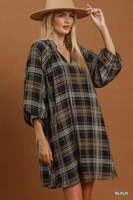 Umgee Plaid V-Neck Balloon Sleeve Shift Dress