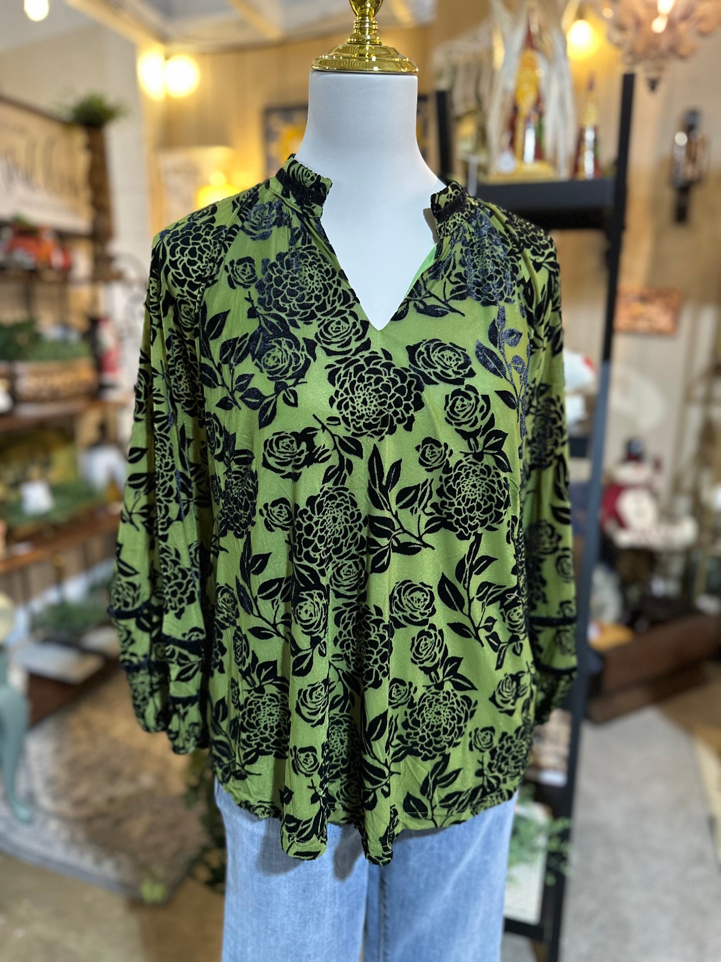 Umgee Floral Burnout Top in Olive