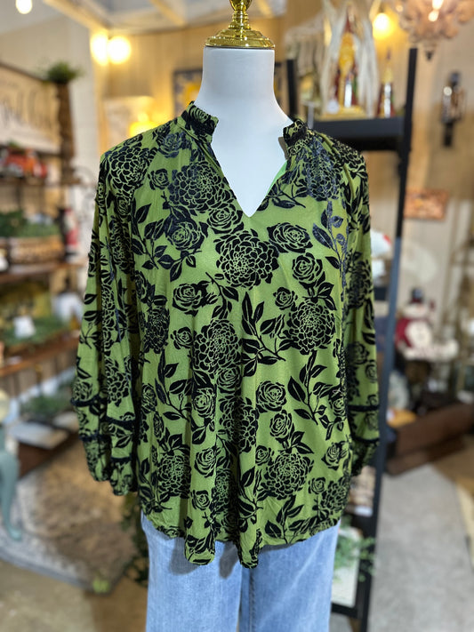 Umgee Floral Burnout Top in Olive