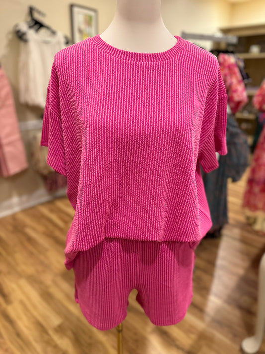 Zenana Ribbed Short Set in Hot Pink