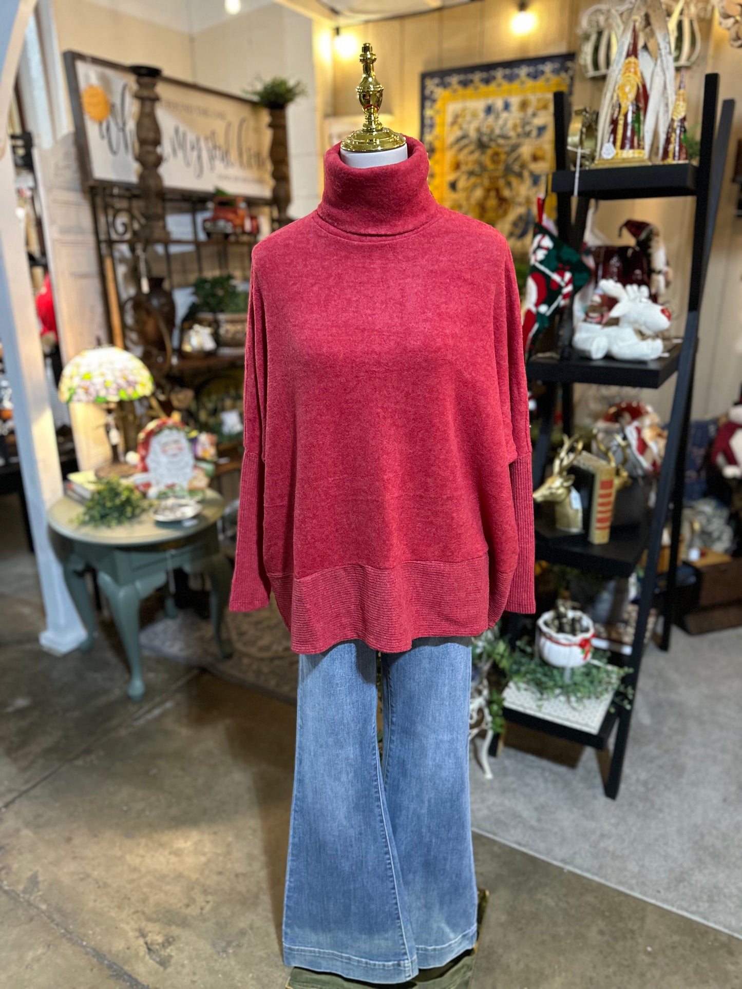 Zenana Hacci Turtleneck Sweater in Dark Red