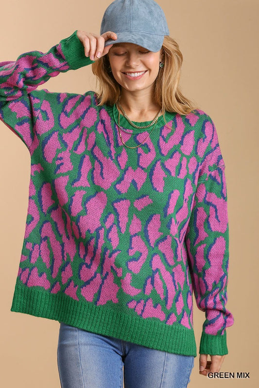 Umgee Boatneck Sweater in Green Mix