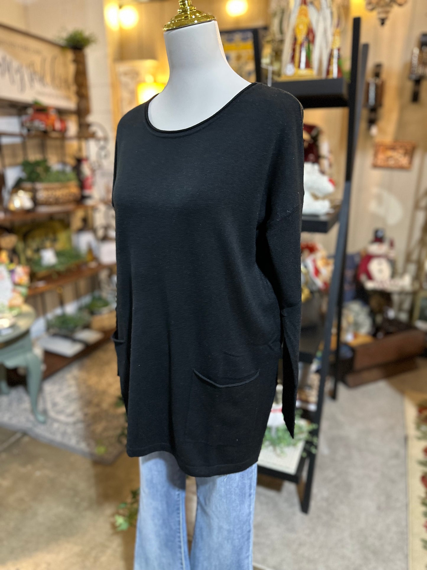 Zenana Front Pocket Sweater in Black