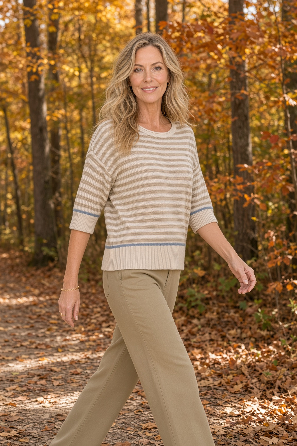 Blu Pepper Striped Raw-Edge Contrast-Trim Sweater – Khaki