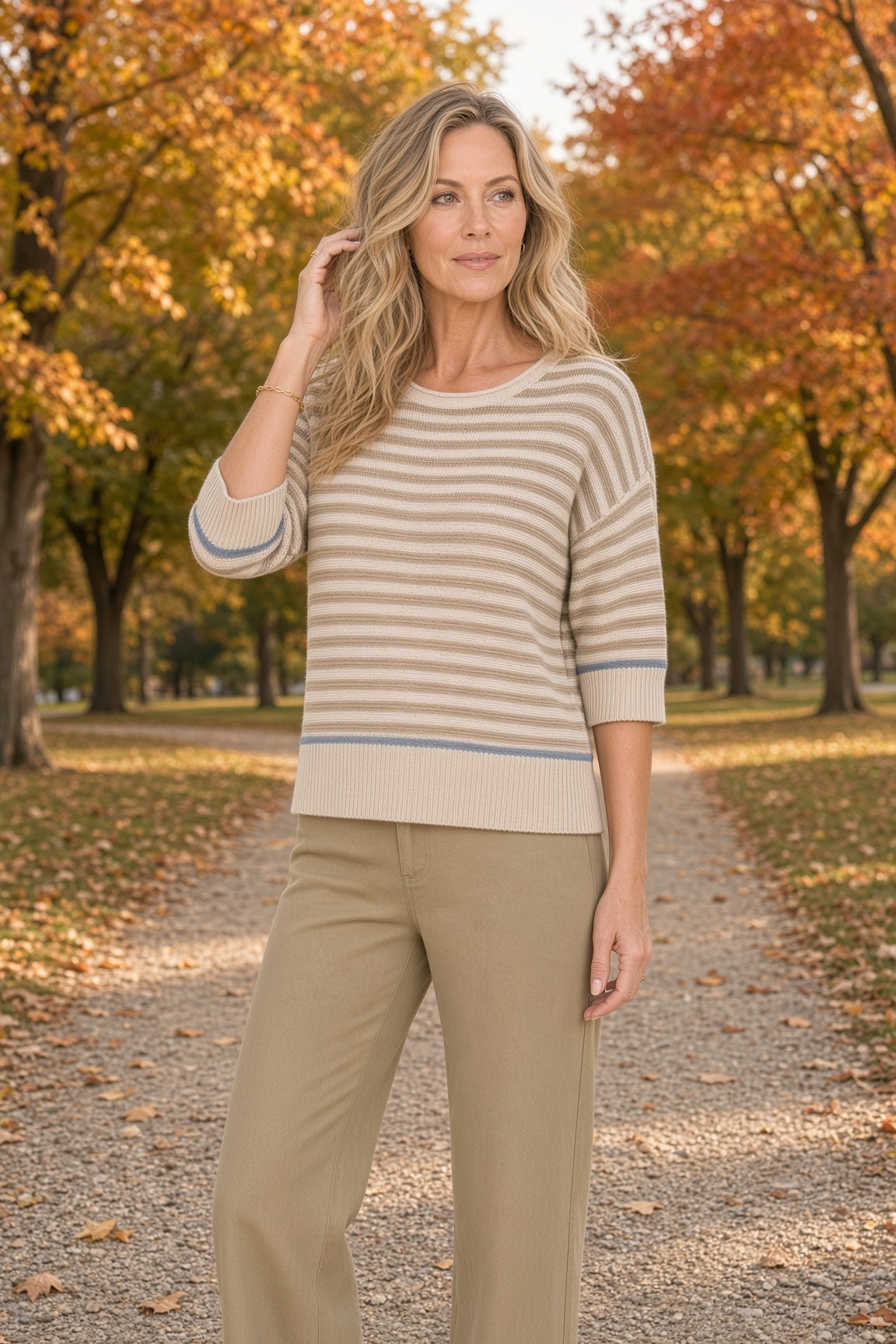 Blu Pepper Striped Raw-Edge Contrast-Trim Sweater – Khaki