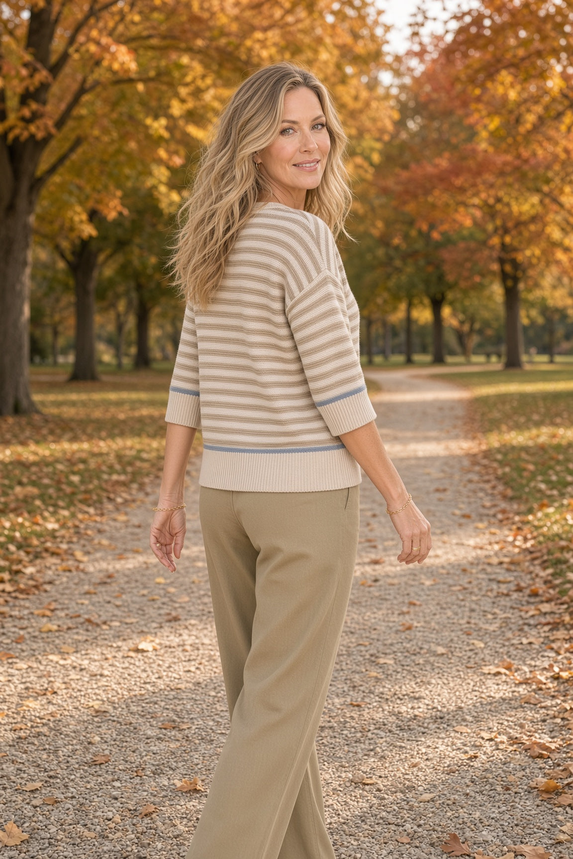 Blu Pepper Striped Raw-Edge Contrast-Trim Sweater – Khaki