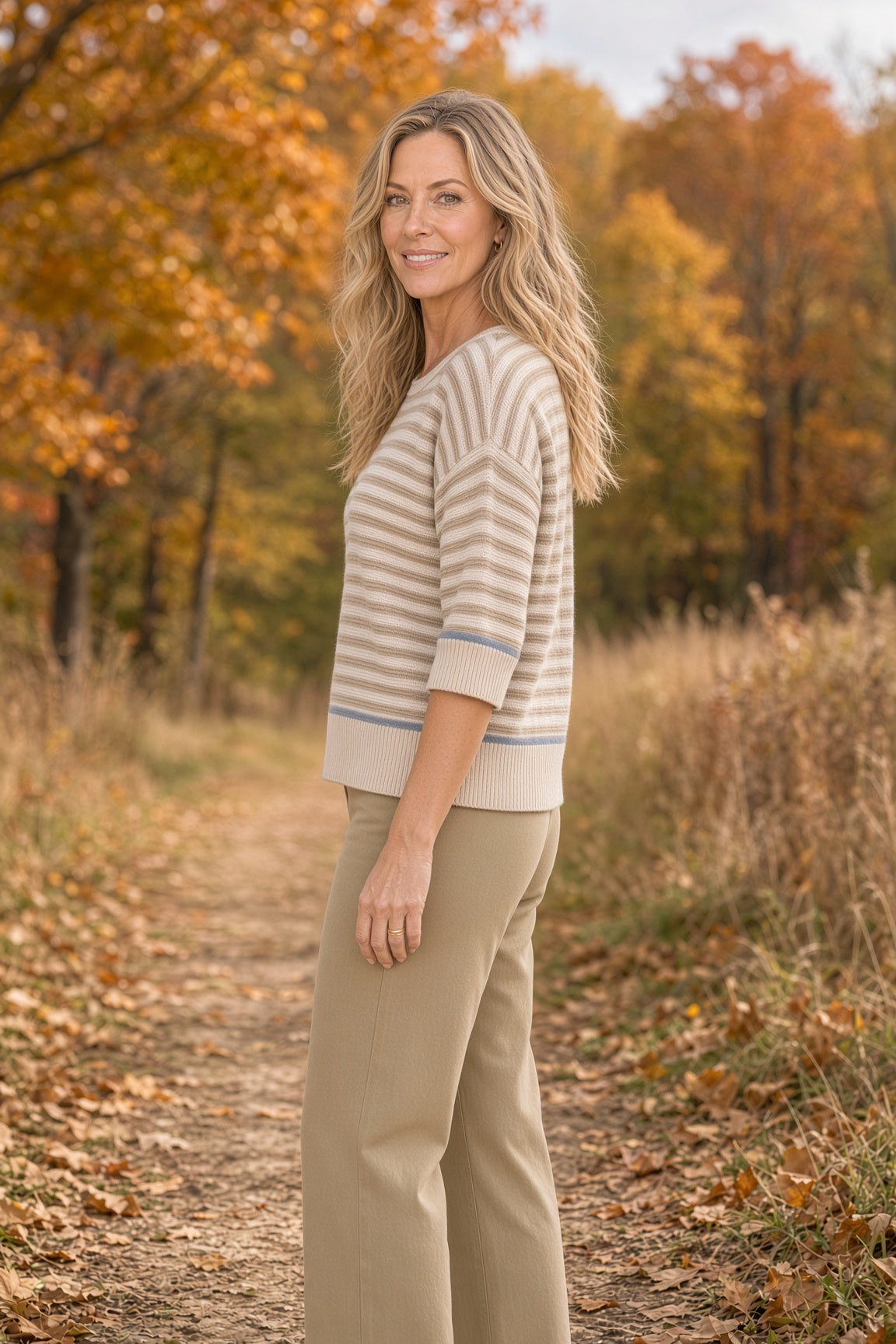 Blu Pepper Striped Raw-Edge Contrast-Trim Sweater – Khaki