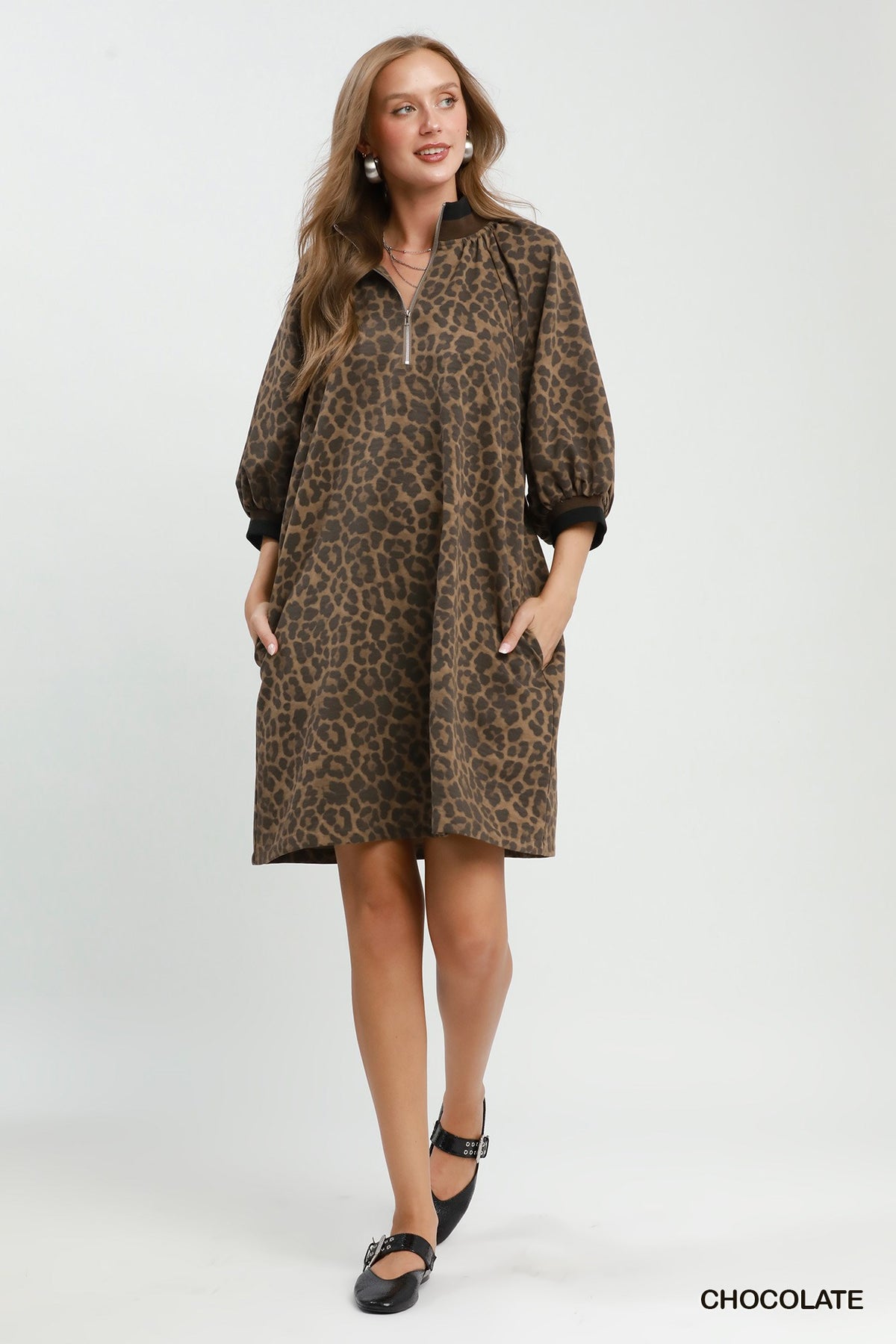 Umgee Leopard-Print Quarter-Zip Puff-Sleeve Mini Dress – Chocolate