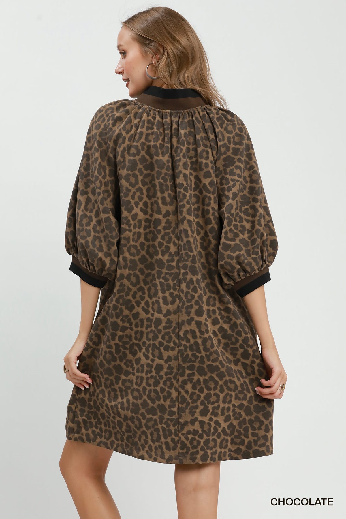 Umgee Leopard-Print Quarter-Zip Puff-Sleeve Mini Dress – Chocolate