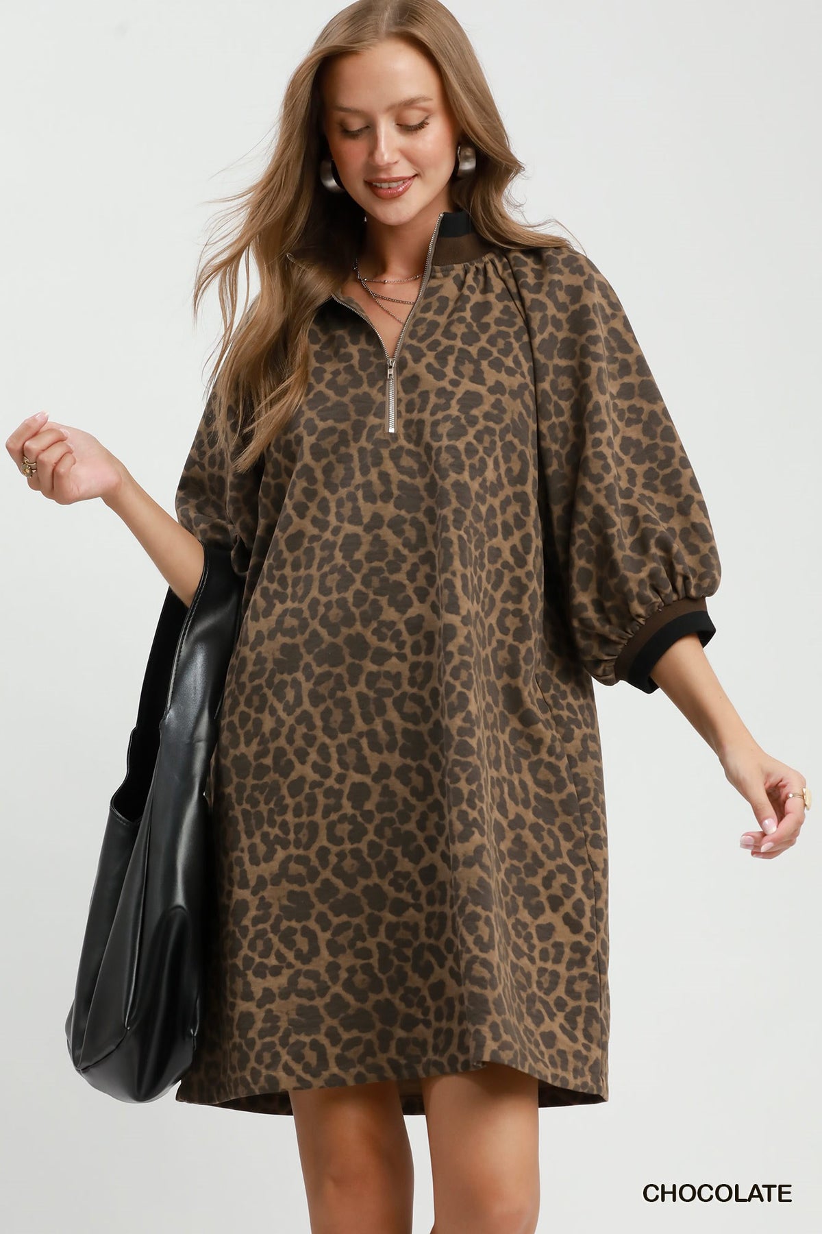 Umgee Leopard-Print Quarter-Zip Puff-Sleeve Mini Dress – Chocolate