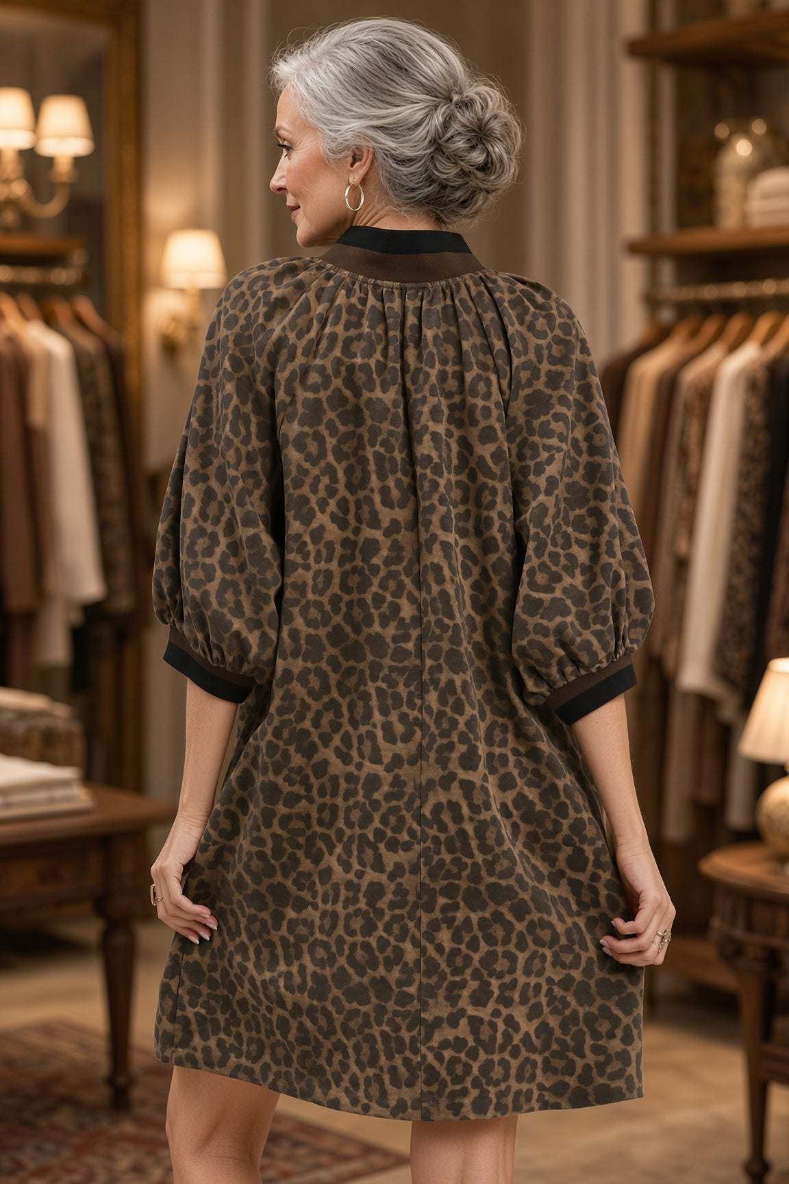 Umgee Leopard-Print Quarter-Zip Puff-Sleeve Mini Dress – Chocolate