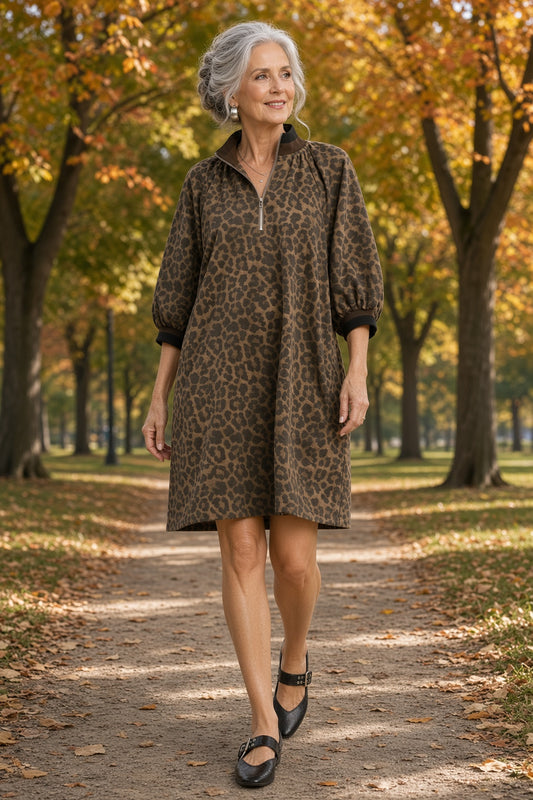 Umgee Leopard-Print Quarter-Zip Puff-Sleeve Mini Dress – Chocolate