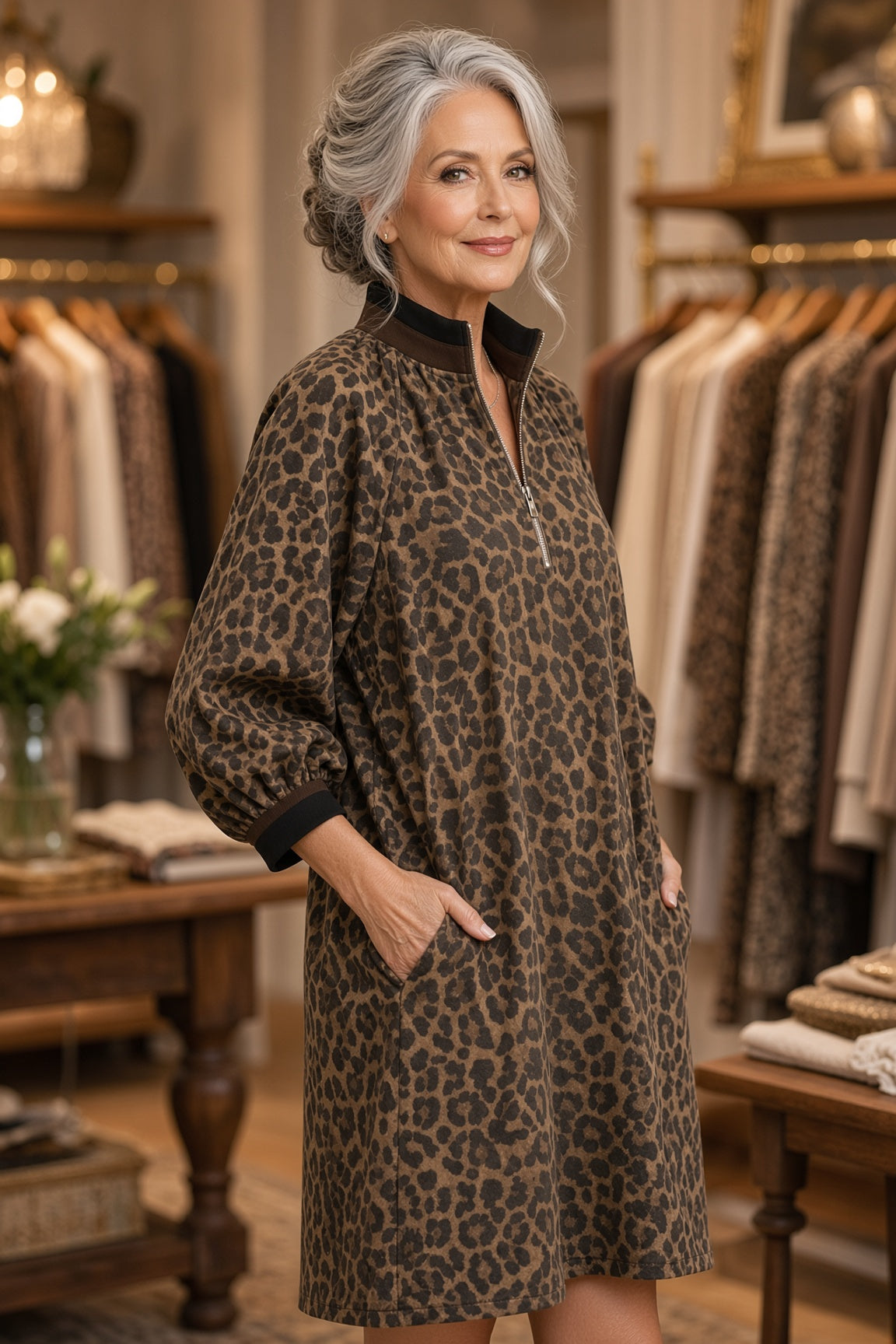 Umgee Leopard-Print Quarter-Zip Puff-Sleeve Mini Dress – Chocolate